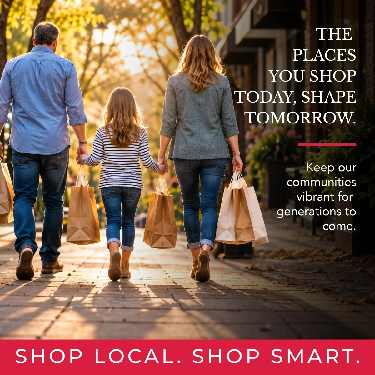 Family walking on a city sidewalk with shopping bags. Text overlay: "The places you shop today, shape tomorrow. Keep our communities vibrant for generations to come. Shop local. Shop smart."