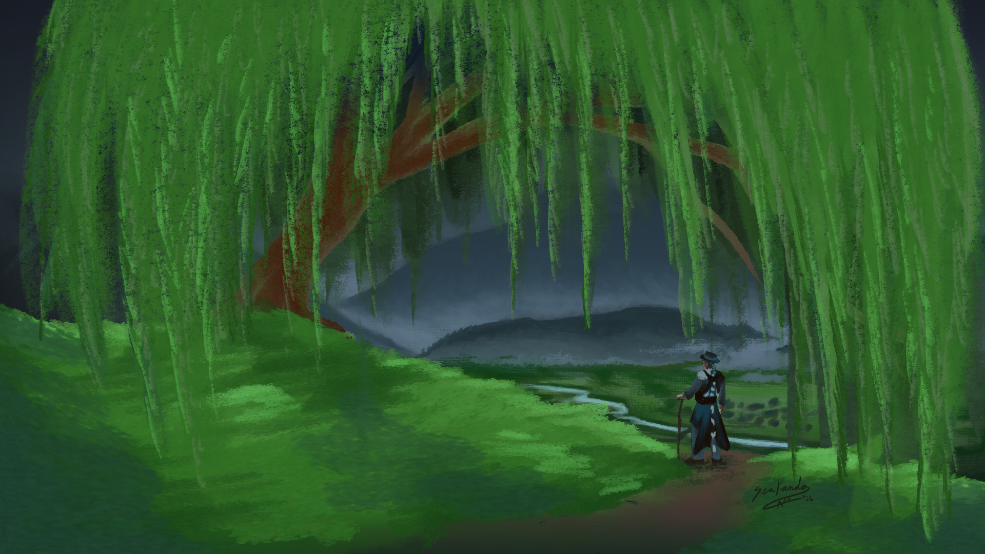 Some of my own art depicting a traveler exploring a valley in some of my favorite weather, overcast and a little rainy.