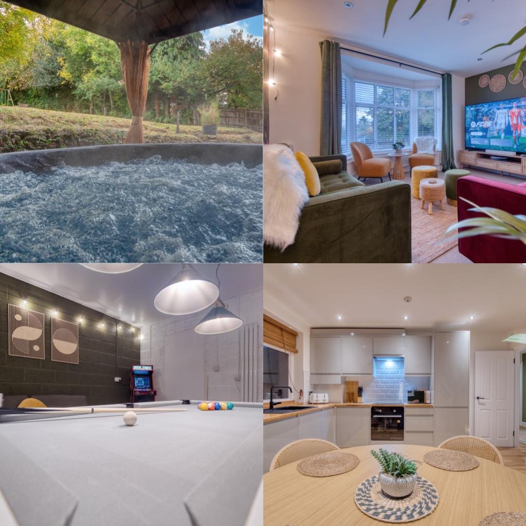 Four images showing different aspects of a home: outdoor hot tub with trees in the background, a cozy living room with furniture and a TV, an indoor pool and game area with a billiard table, and a modern kitchen with a dining table.