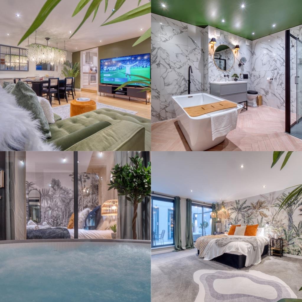 Collage of four images showing different rooms in a house or apartment: a living room with a sofa, television, dining area, and greenery; a bathroom with marble walls, a bathtub, and a sink; a bedroom with a bed, large window, and wall mural; and another bedroom with a bed, large window, and palm wallpaper.