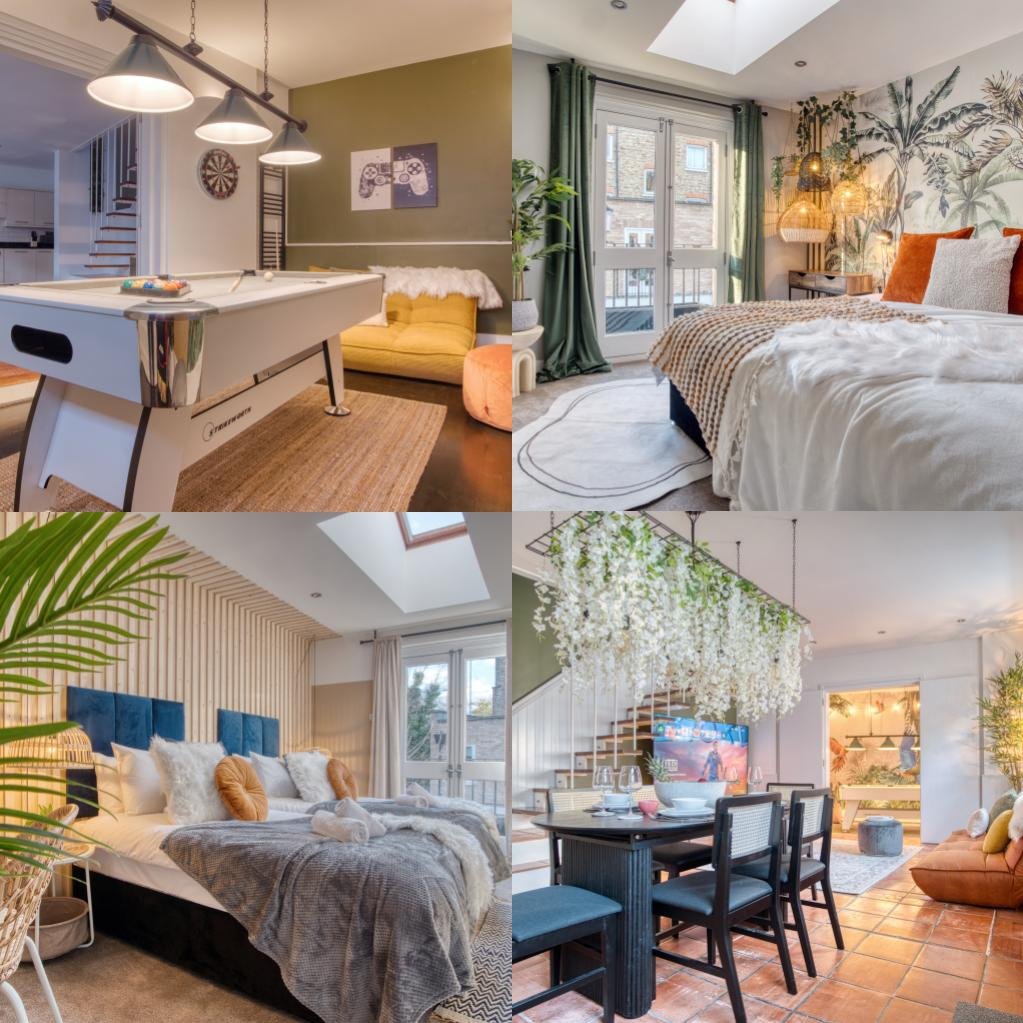 Four images of stylish, modern interiors: the first features a game room with an air hockey table, yellow sofa, and dartboard; the second shows a bedroom with large windows, green curtains, floral wallpaper, and cozy bedding; the third depicts a bedroom with a skylight, a bed with plush pillows, and a wooden accent wall; the fourth displays a dining area with a large floral chandelier, a dark dining table, and a terracotta-tiled floor.