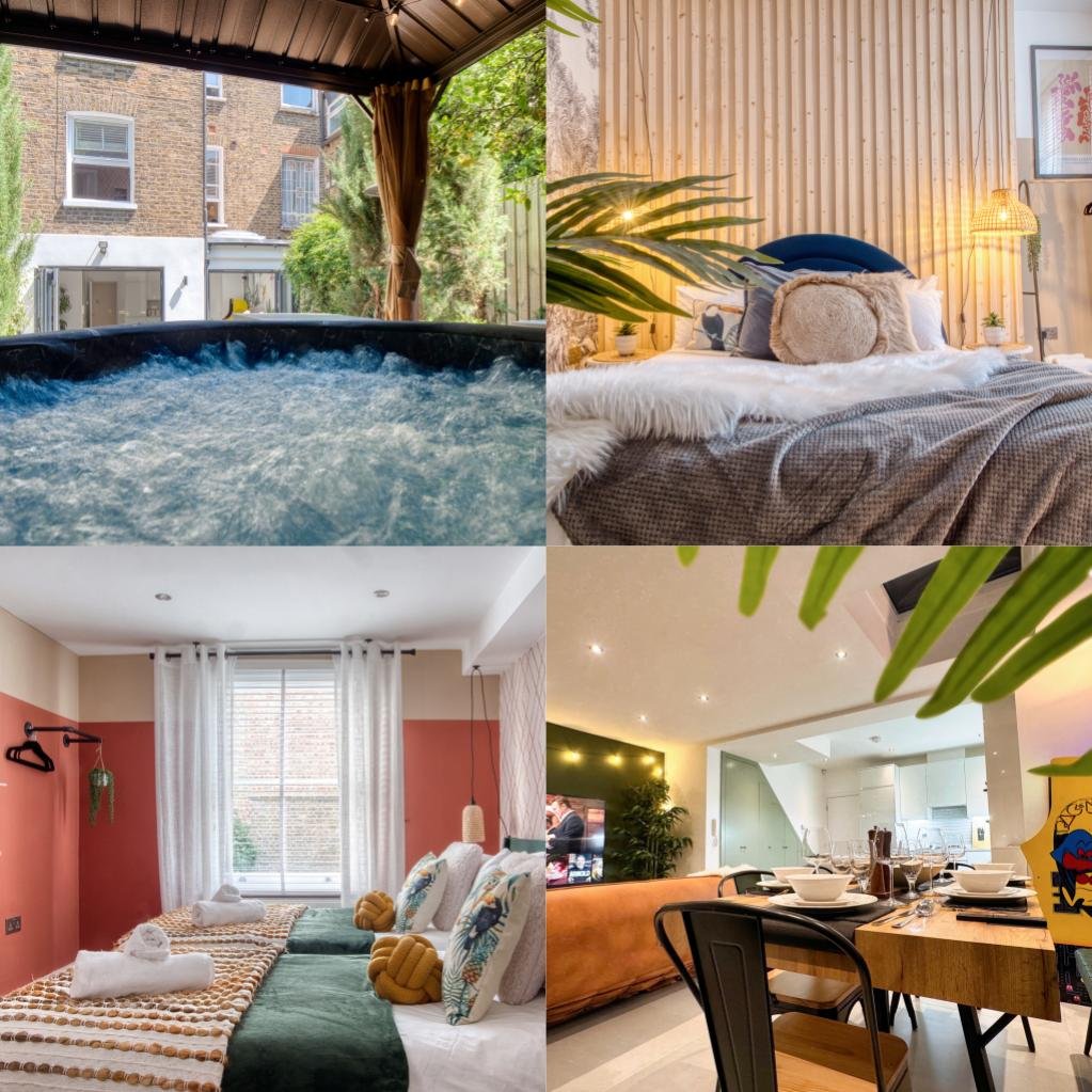 Collage of four images showing different cozy home interiors and outdoor spaces: a hot tub on a patio with trees and neighboring brick buildings, a bedroom with a bed, pillows, and warm lighting, a bright bedroom with a window, white curtains, and colorful walls, and a dining area with a table set for dinner, modern decor, and greenery.