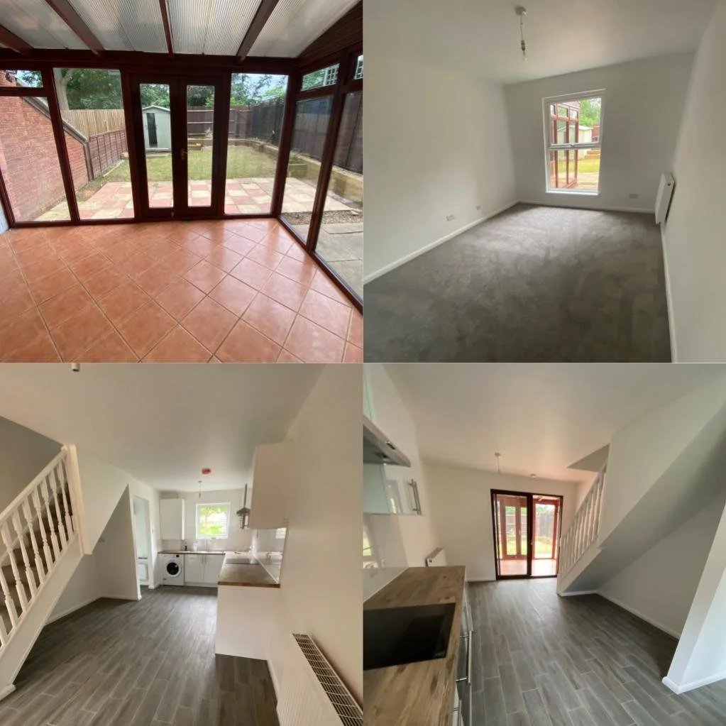 A collage of four interior images: a sunroom with large glass windows and patio doors looking into a backyard with a shed; a small, unfurnished room with beige carpet and a window; a living area with a staircase, white walls, and gray flooring; a kitchen with gray flooring, white cabinets, and a partial view of the backyard through a sliding door.