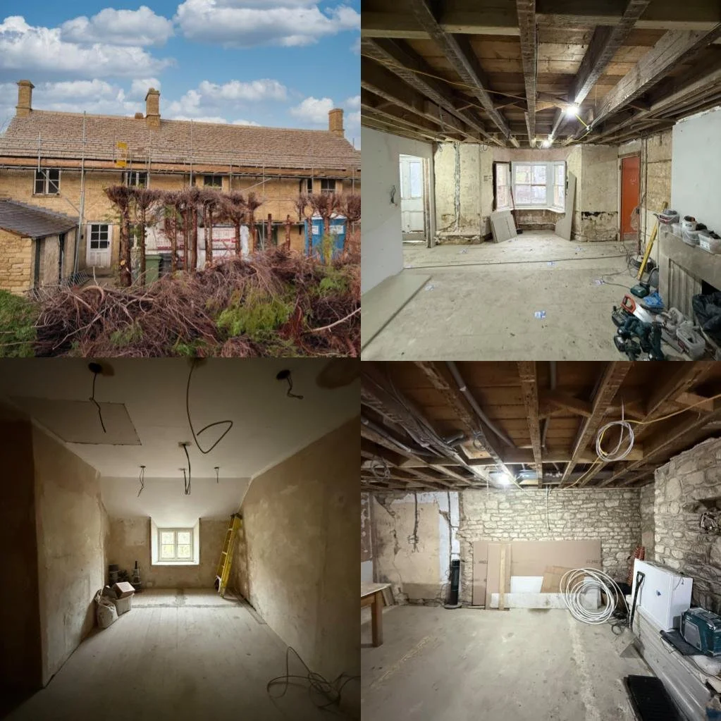 Top left: Exterior of a house with visible scaffolding and bare trees in the yard. Top right: Interior of a room under renovation with exposed ceiling beams, peeling walls, and construction tools. Bottom left: Room with plastered walls, a window, and construction supplies, with a ladder inside. Bottom right: Room with exposed brick and stone walls, ceiling beams, and construction equipment.