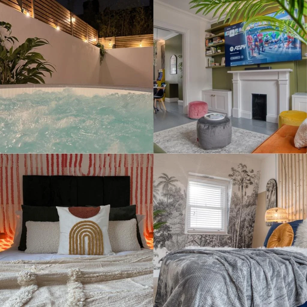 A collage of four interior and exterior rooms. Top left shows an outdoor hot tub at night with wooden fencing and plants. Top right depicts a cozy living room with a fireplace, TV, and seating area. Bottom left features a stylish bedroom with a black headboard, decorative pillows, and textured bedding. Bottom right displays a bedroom with a mural of trees, a window, and a bed with a plush blanket.