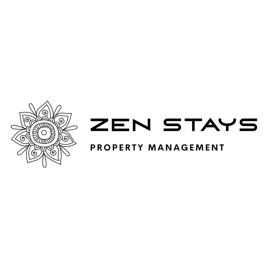Logo for Zen Stays Property Management featuring a decorative mandala design and black text on a white background.