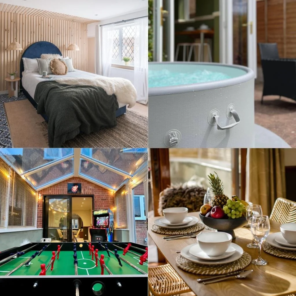 Top left: Bedroom with a bed, wooden wall accents, and plants. Top right: Hot tub outside on patio with chairs and a wooden fence. Bottom left: Indoor game room with foosball table and string lights. Bottom right: Dining table set with bowls, glasses, and fruit.