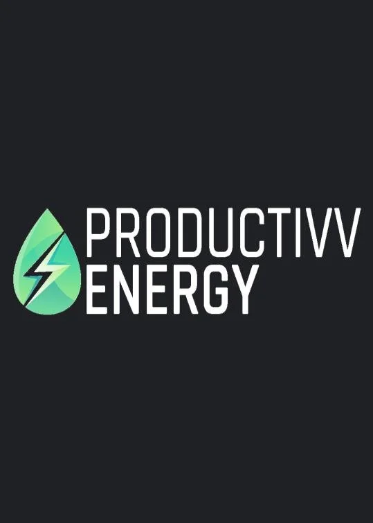 Logo for 'Productiv Energy' featuring a green water droplet with a lightning bolt inside on a black background.