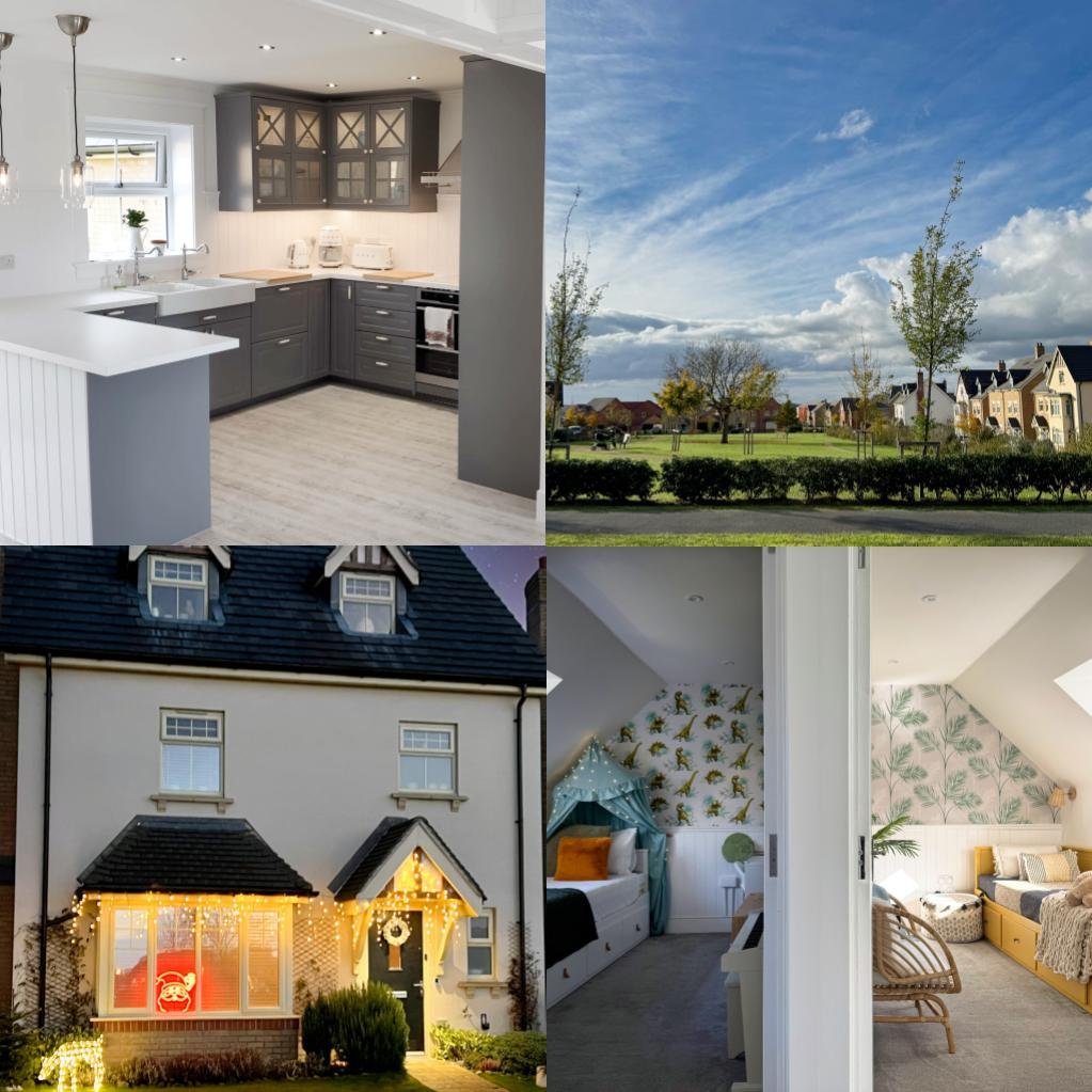 A collage of four images: top-left showing a modern kitchen with gray cabinetry and white countertops, top-right showing a suburban neighborhood with houses, trees, and a blue sky, bottom-left showing a house with Christmas lights and a wreath, and bottom-right showing a cozy furnished bedroom with patterned wallpaper.