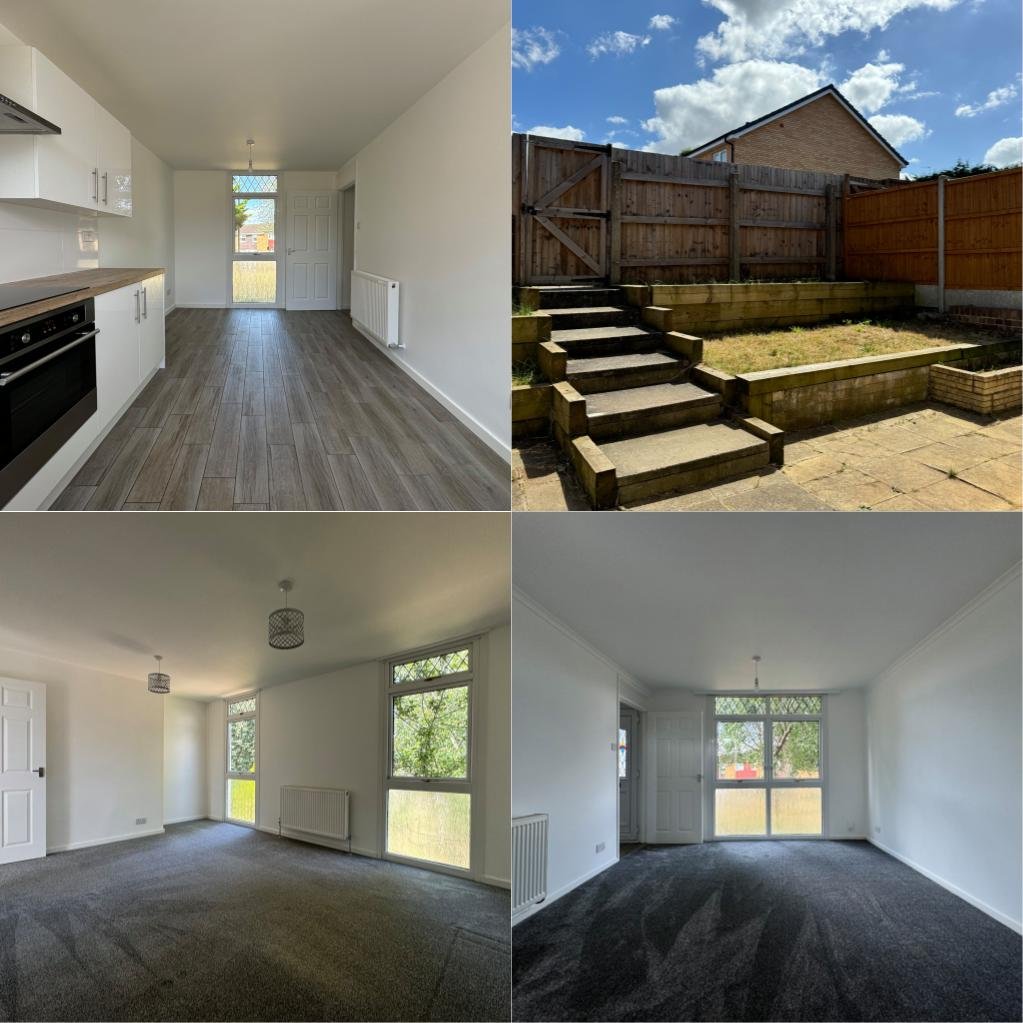Top left: an empty kitchen with white cabinets, a wooden countertop, and a door with a window leading outside. Top right: a backyard with wooden steps leading up to a gate, a wooden fence, and a brick house roof in the background. Bottom left: an empty living room with large windows, carpeted floor, and ceiling lights. Bottom right: another empty living room with large windows and a carpeted floor.