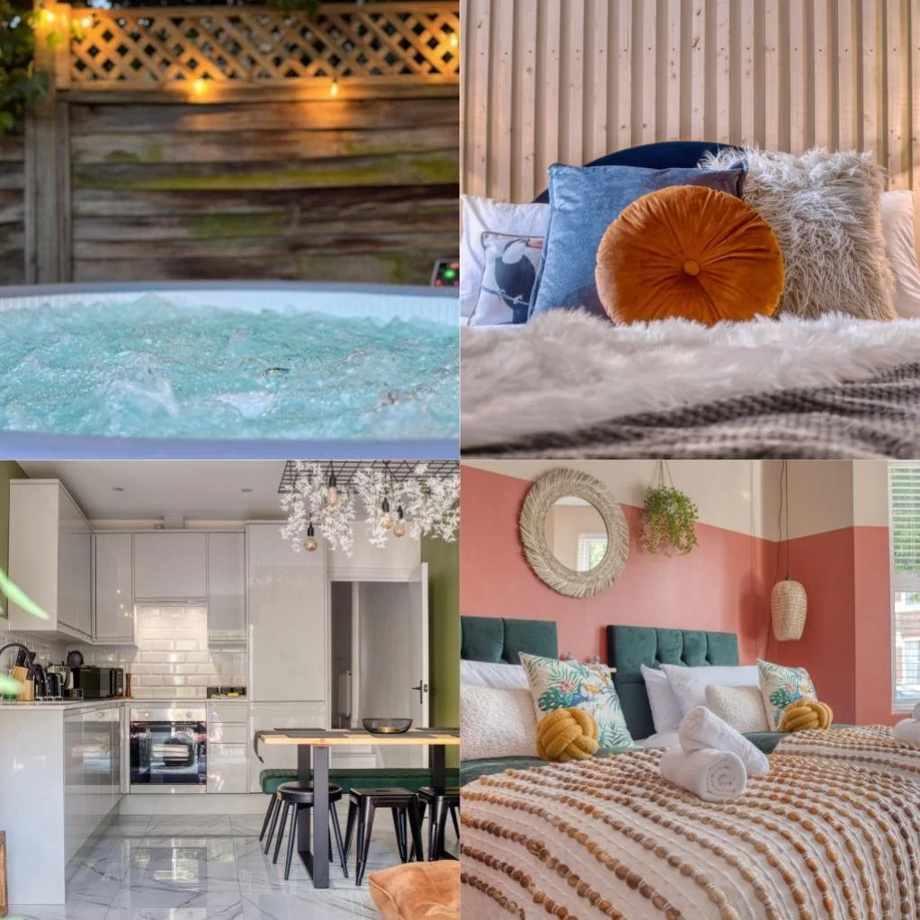A collage of four different home scenes: a hot tub outdoors with warm lighting, a cozy bedroom with blue and orange pillows and faux fur blanket, a modern kitchen with white cabinets and black dining table, and another bedroom with pink walls, green headboards, and neatly folded towels.