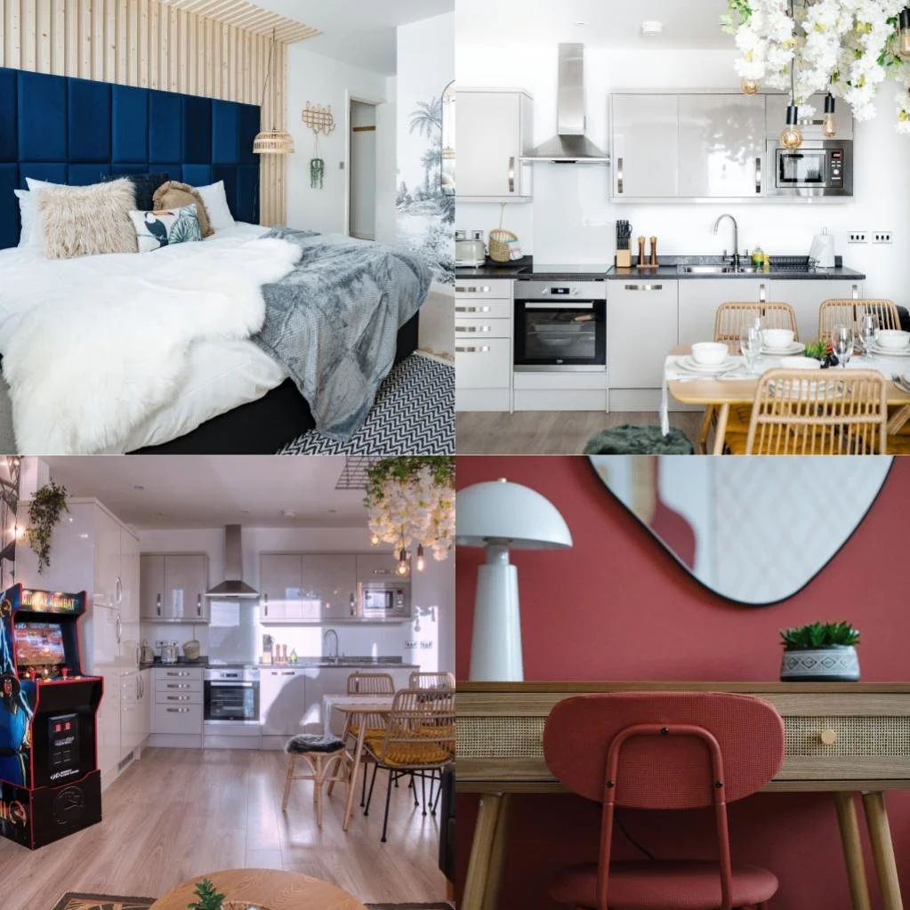 Collage of four interior spaces: top left shows a bedroom with a blue headboard, white bedding, pillows, and a wooden wall accent; top right displays a modern white kitchen with cabinets, a stove, microwave, and dining table with chairs; bottom left features a white kitchen with dining area, a game machine, and wooden flooring; bottom right depicts a workspace with a desk, pink wall, and some decorative plants.