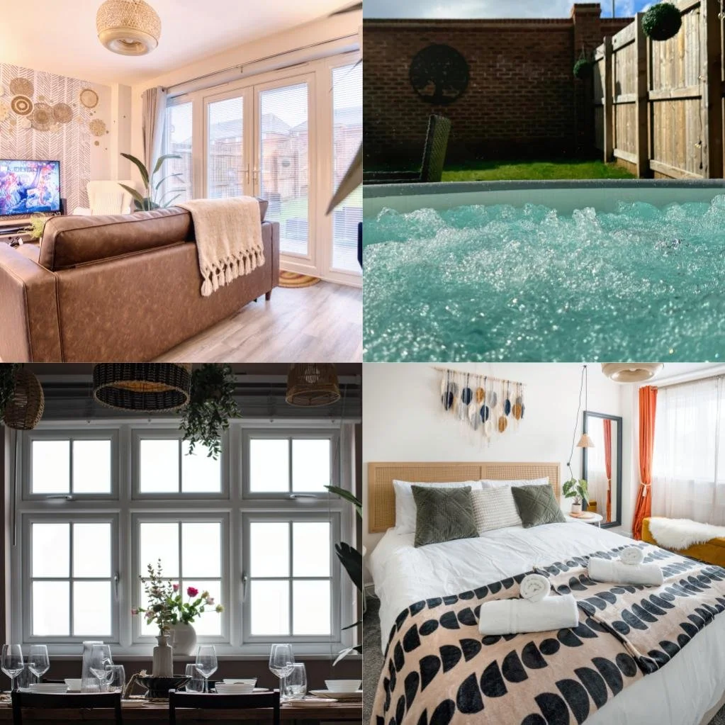 A collage of four indoor and outdoor scenes: a living room with a brown leather sofa and a TV, a backyard with a hot tub and wooden fence, a dining area with large windows and a table set with glasses, and a bedroom with a bed, pillows, and curtains.