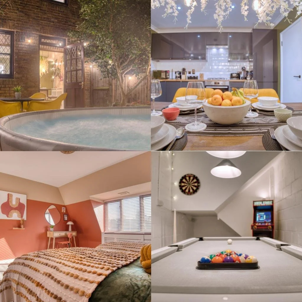 Top left: outdoor hot tub at night with yellow outdoor chairs, potted plants, brick wall, and open door leading inside. Top right: modern kitchen with a dining table set with fruit, bowls, wine glasses, and yellow chairs. Bottom left: cozy bedroom with orange walls, a bed with a textured blanket, a desk, and window with blinds. Bottom right: game room with a pool table, an arcade game, a dartboard, and a hanging light.