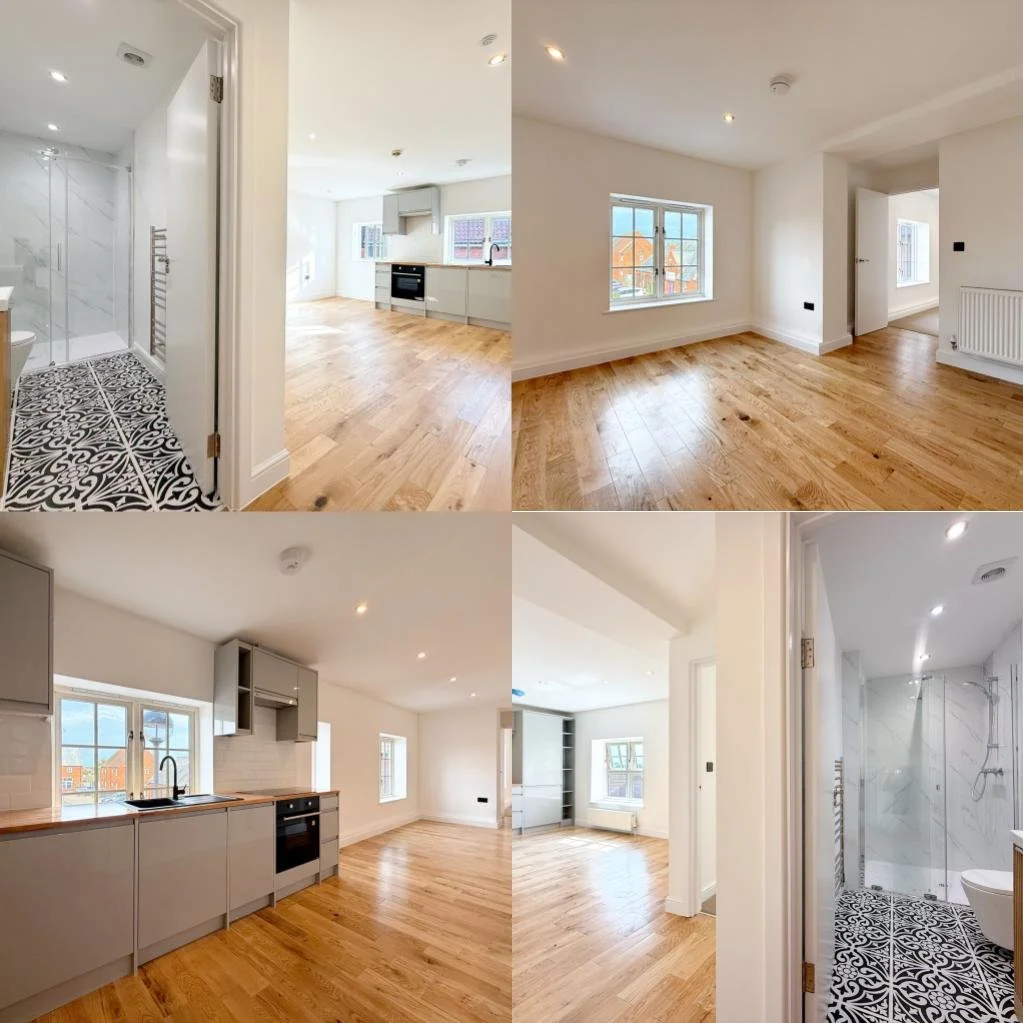 Four images of an empty apartment showing a kitchen, living room, and bathroom with hardwood floors and white walls.