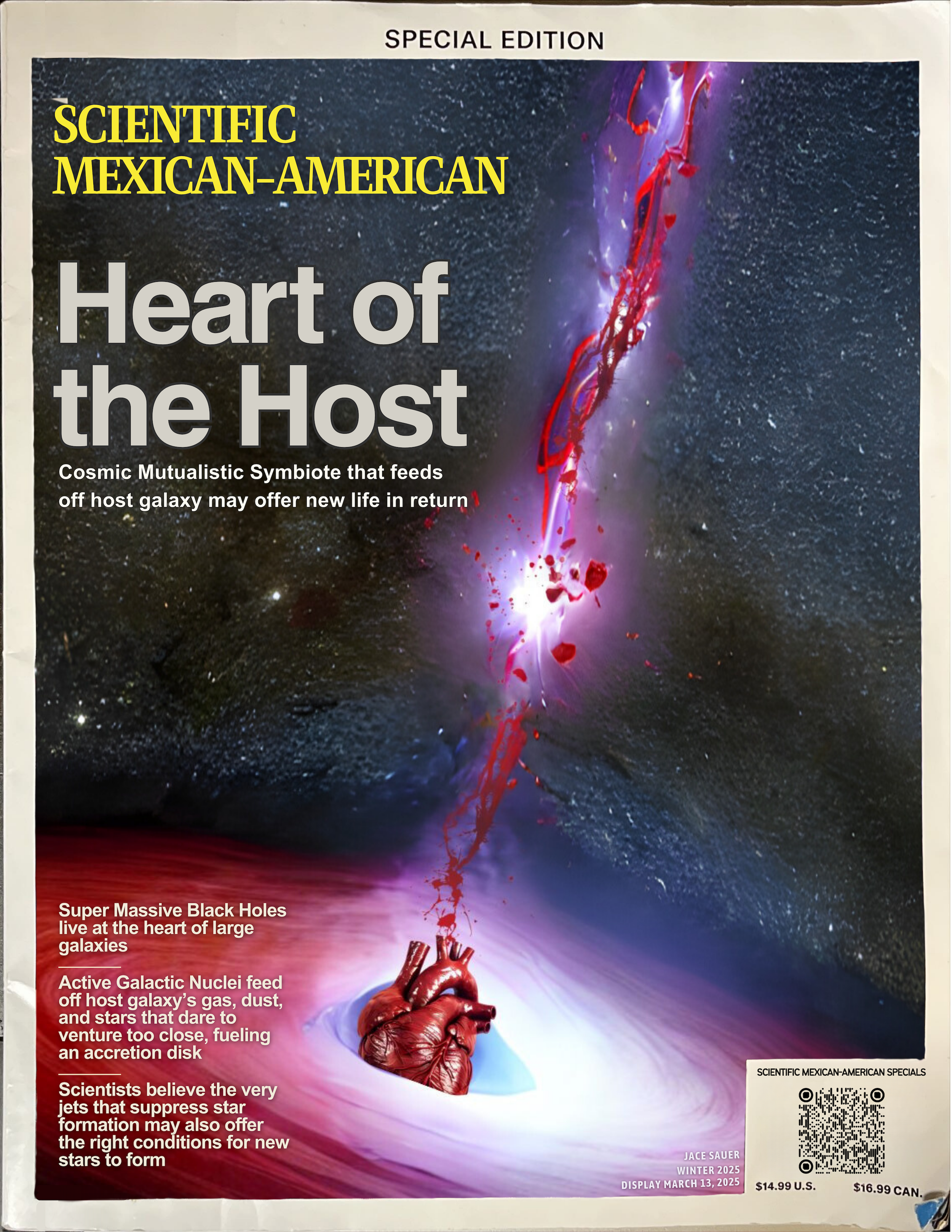 A mock front page edition of "Scientific Mexican-American" focused on representing active galactic nuclei as the heart of a galaxy. Artist: Jace Sauer