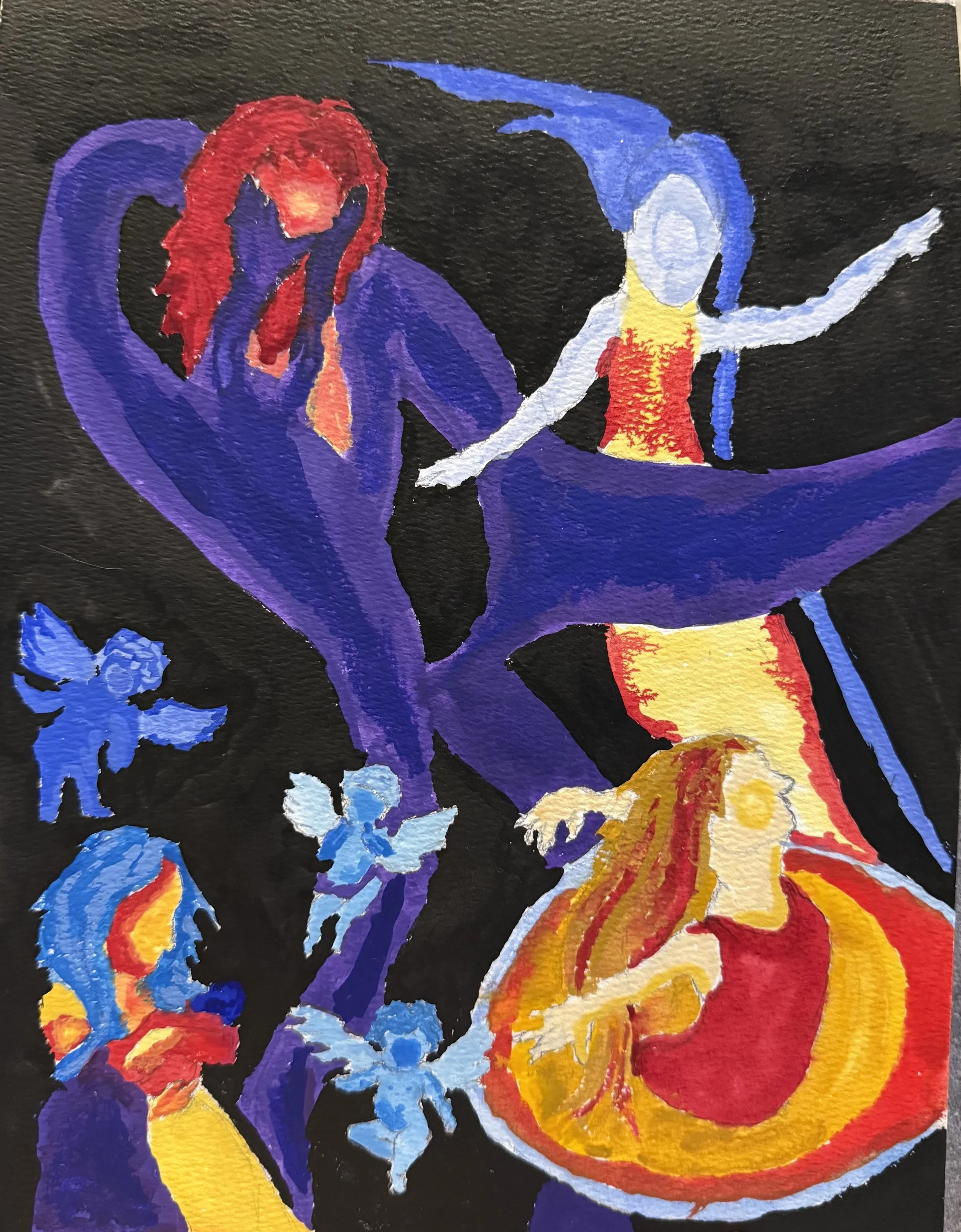 "The Spiral's Legacy" is a watercolor painting to represent various galaxy morphologies using dancing women. Artist: Charli Chambers