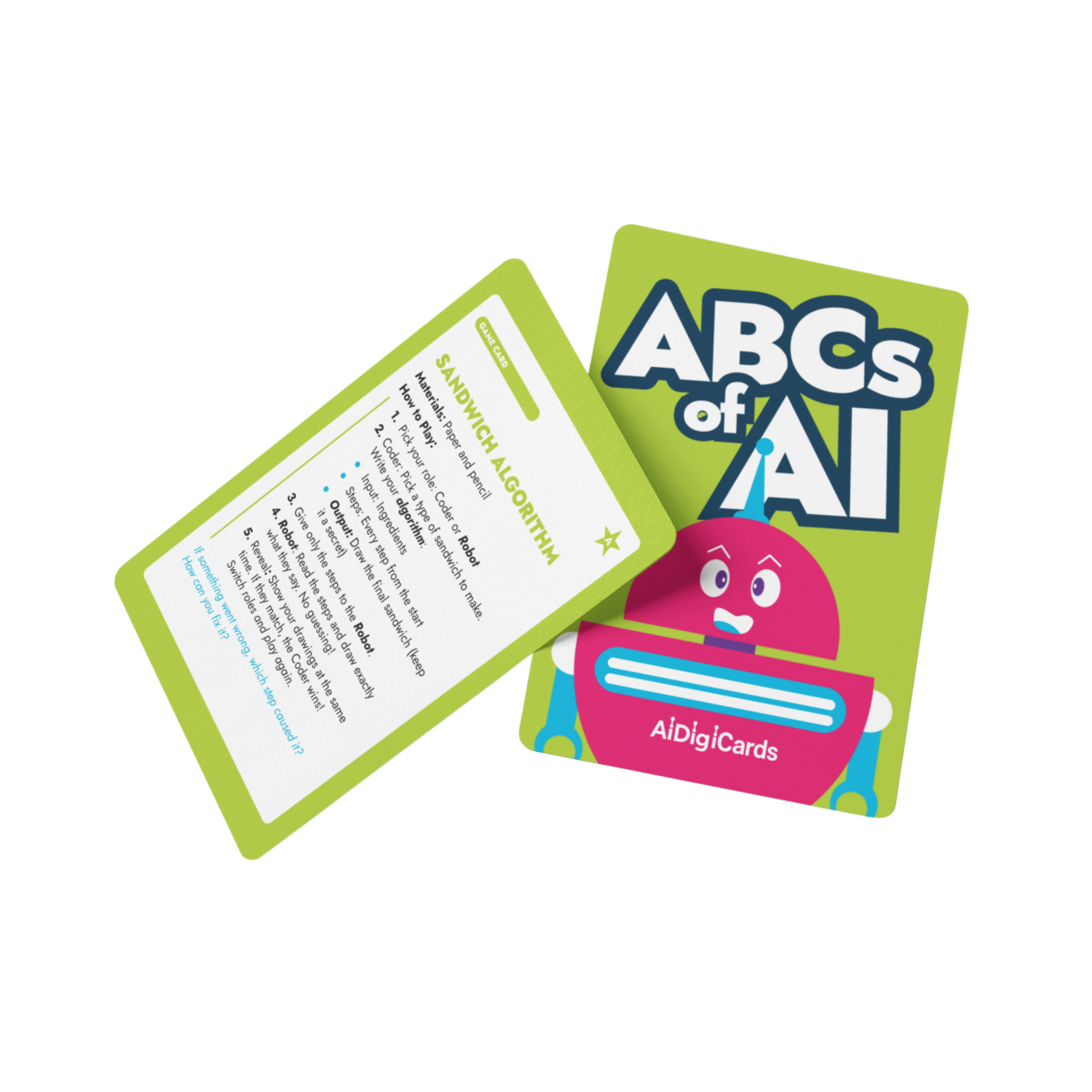A colorful card game called 'Abcs of A'I' with alphabet-themed illustrations and instructions on how to play.