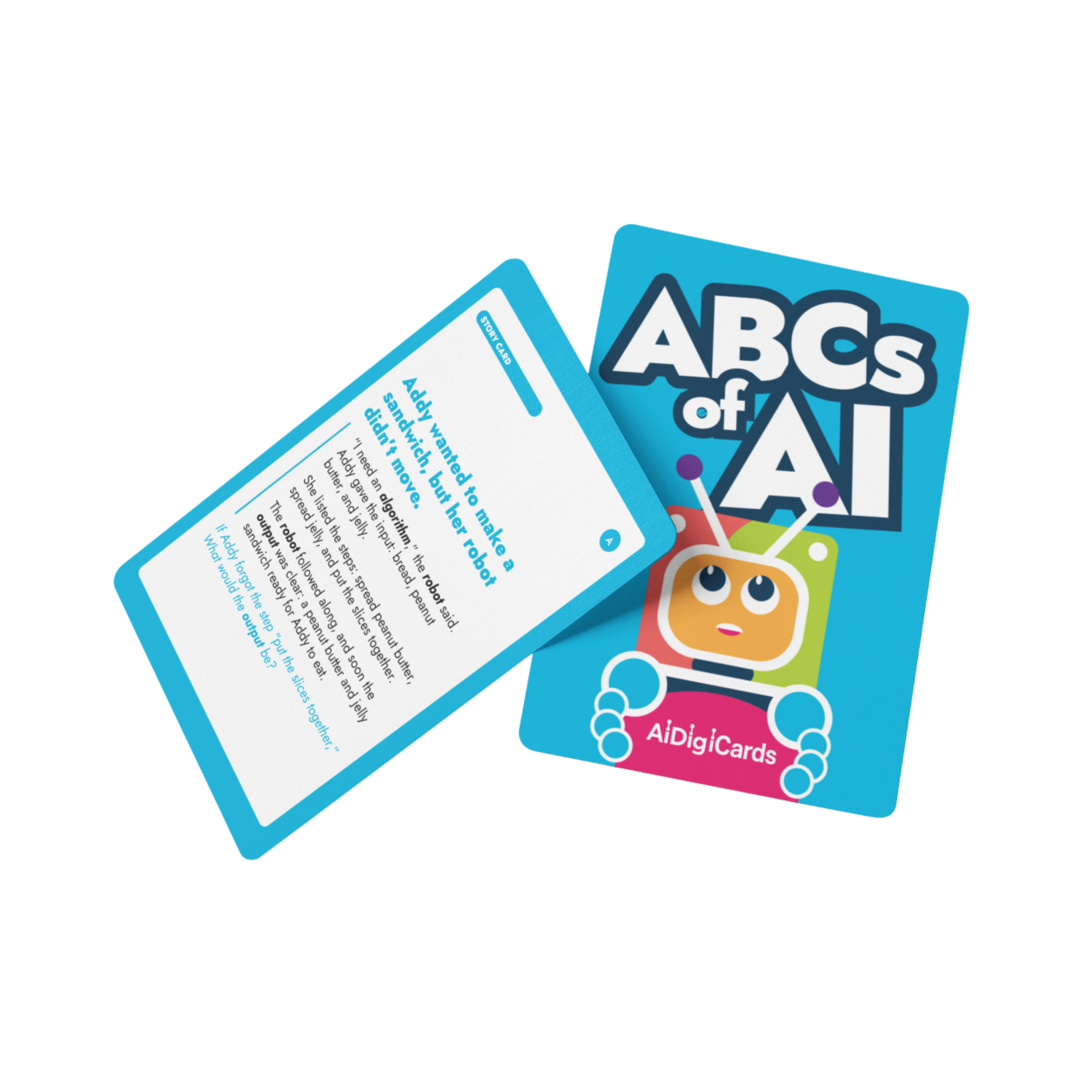 Two colorful educational cards featuring the alphabet with bold, playful fonts and a cartoon animal illustration, designed for children's learning activities.