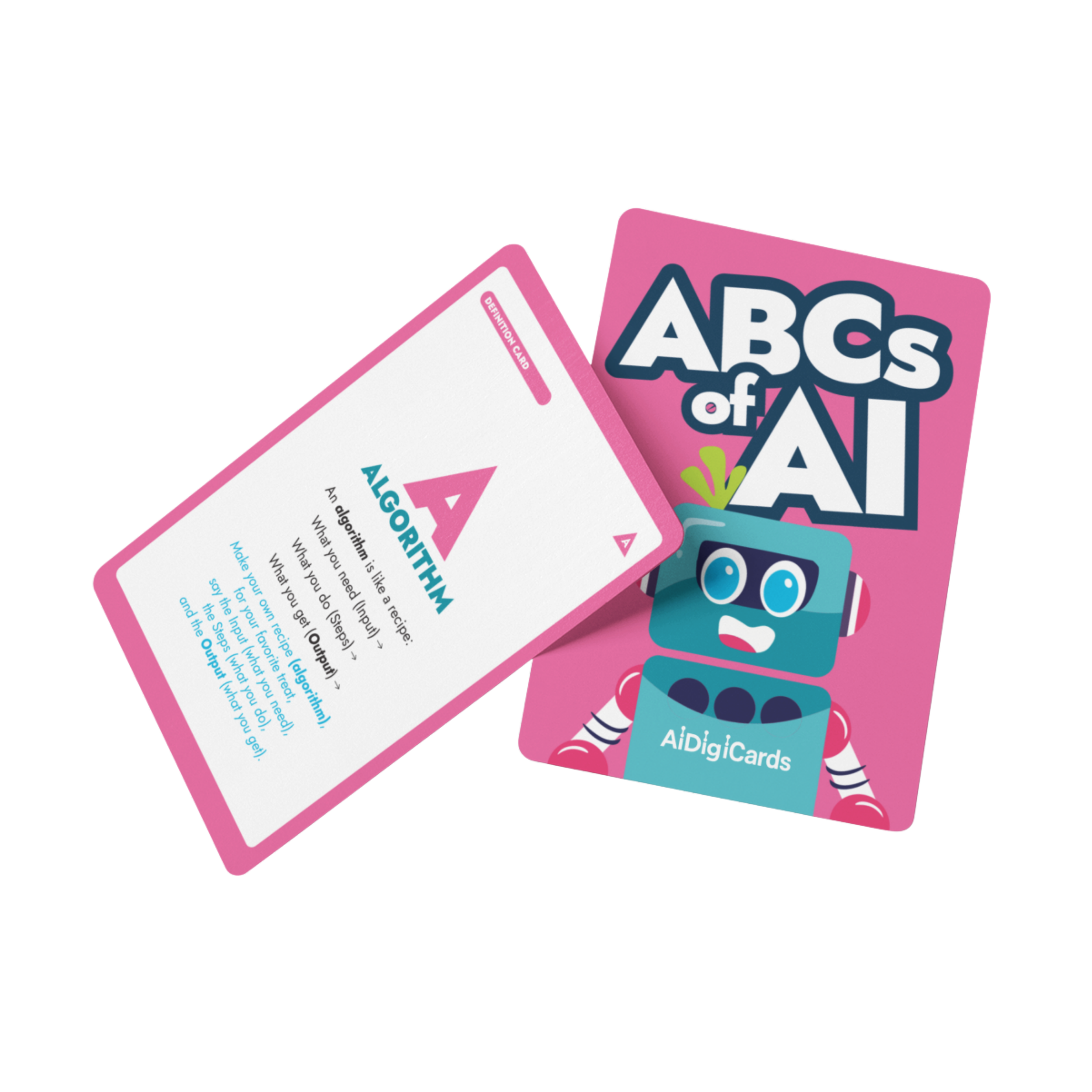 Close-up of educational flashcards with colorful graphics, including letters and a cartoon face, used for teaching young children.