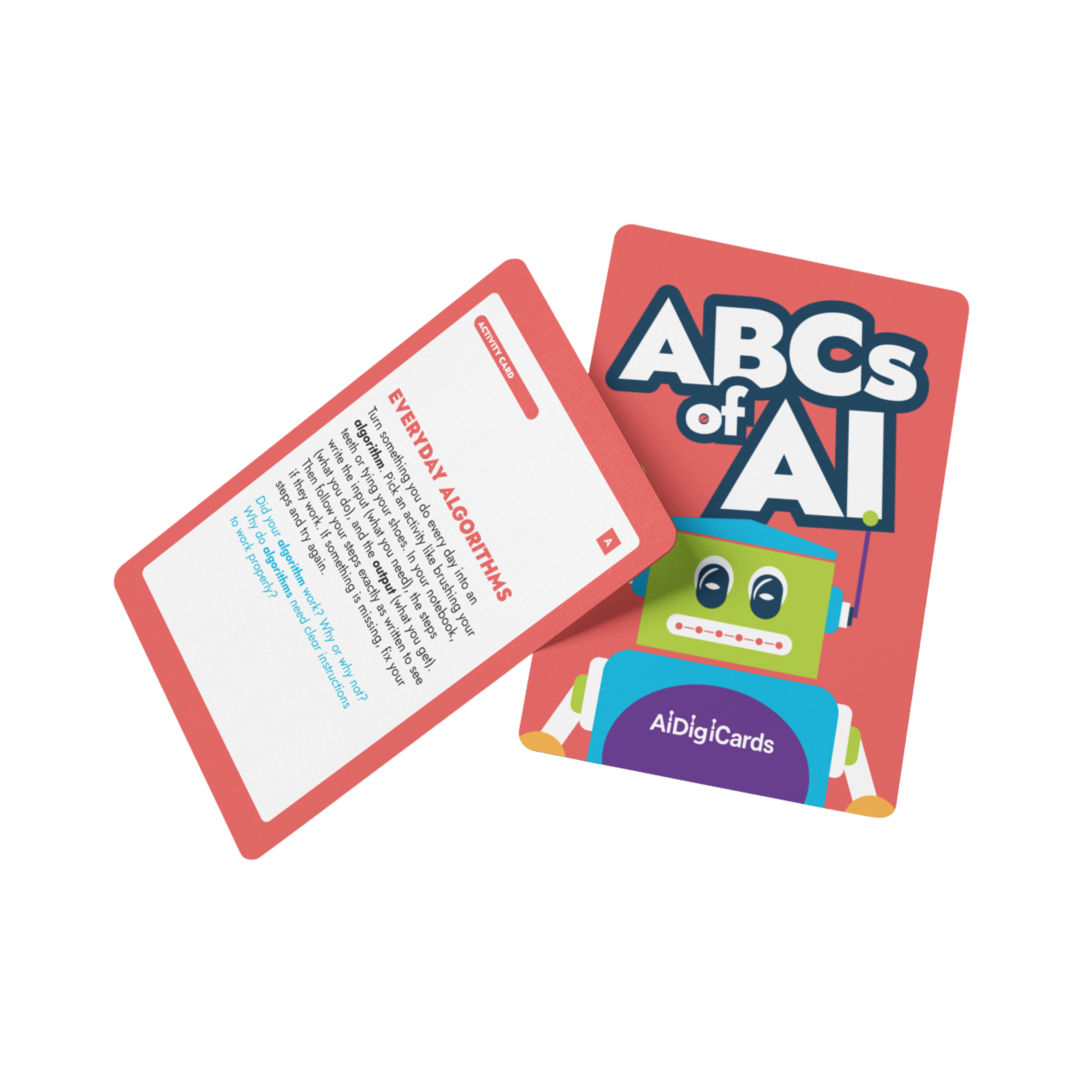 A collection of educational flashcards, some with text and illustrations, including words like 'ABC', 'A' and a colorful design.