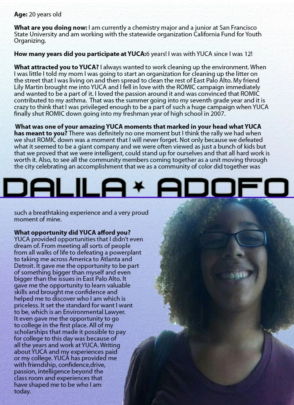 A smiling woman with curly hair and glasses, wearing a purple top and carrying a backpack, on a background with text about her experiences at YUCA.
