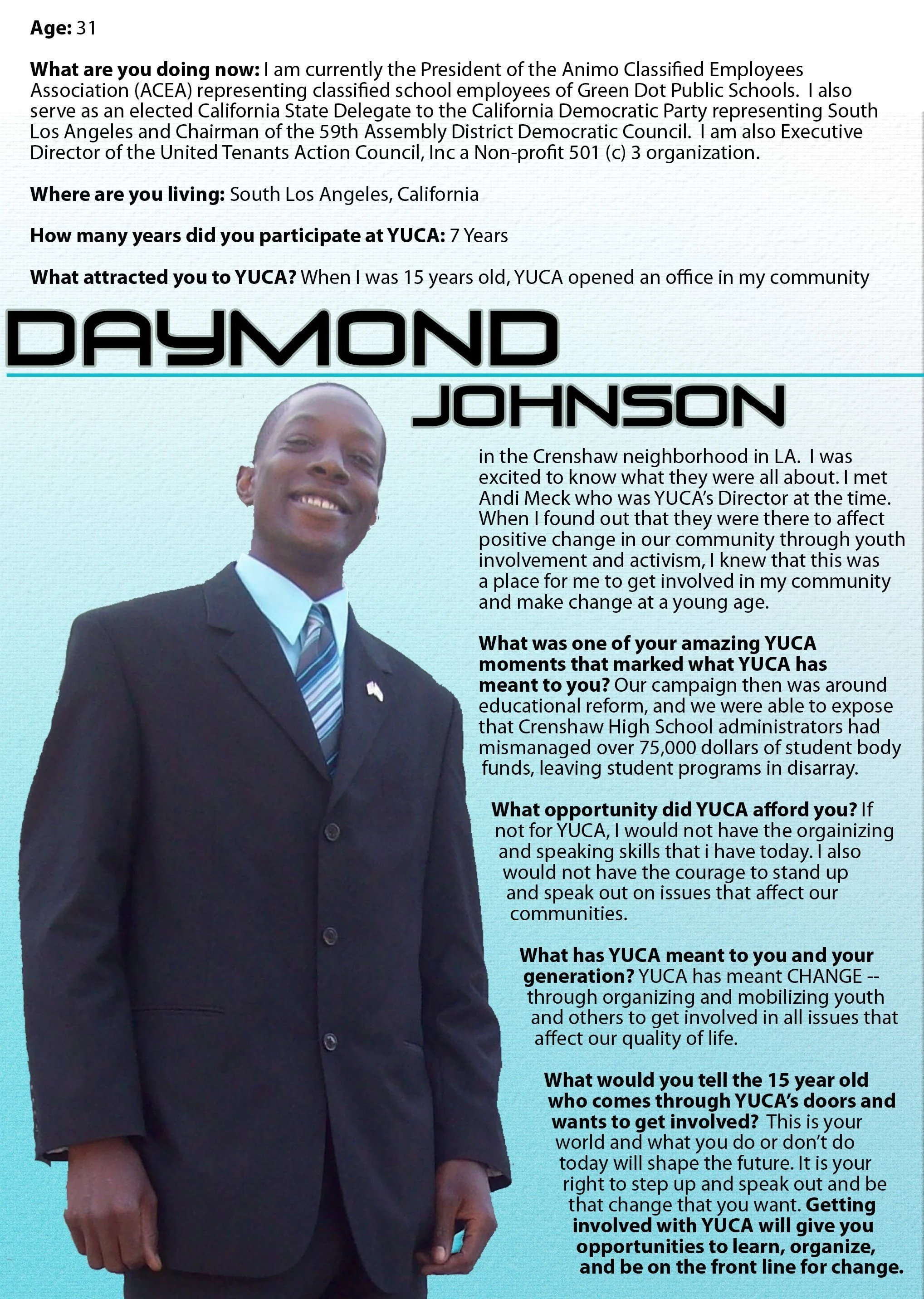 A biography and interview with Daymond Johnson, a 31-year-old man from South Los Angeles. The document features a large photo of him in a suit, smiling. The text highlights his involvement with YUCA, his community work, and his reflections on youth a
