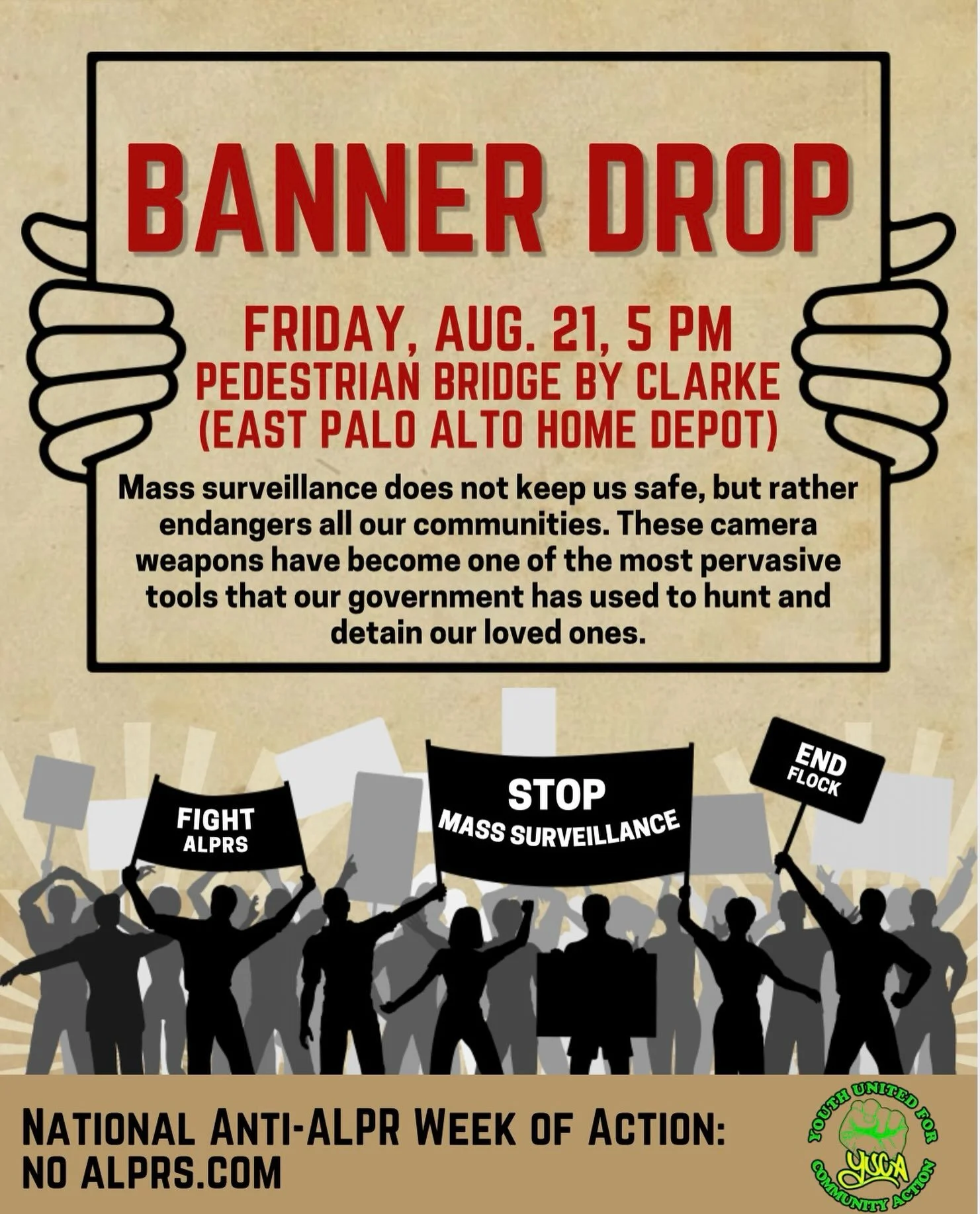 This Friday, we&rsquo;re taking a stand against mass surveillance.

Join us for a banner drop in East Palo Alto as part of the National Anti-ALPR Week of Action. Surveillance technology like automated license plate readers doesn&rsquo;t just track ca