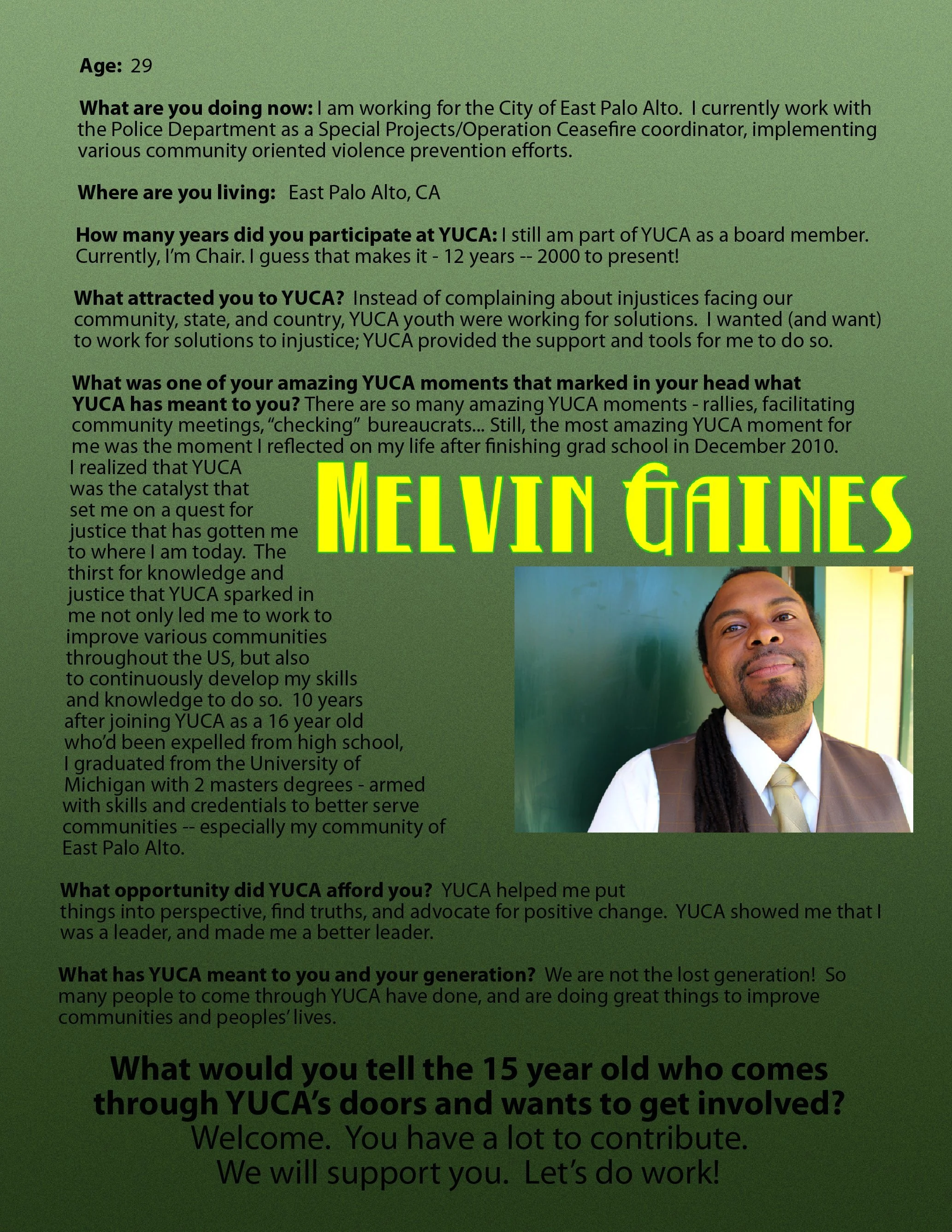 A written profile of Melvin Gaines describing his work with YUCA and community service, with his photo included on a green background.