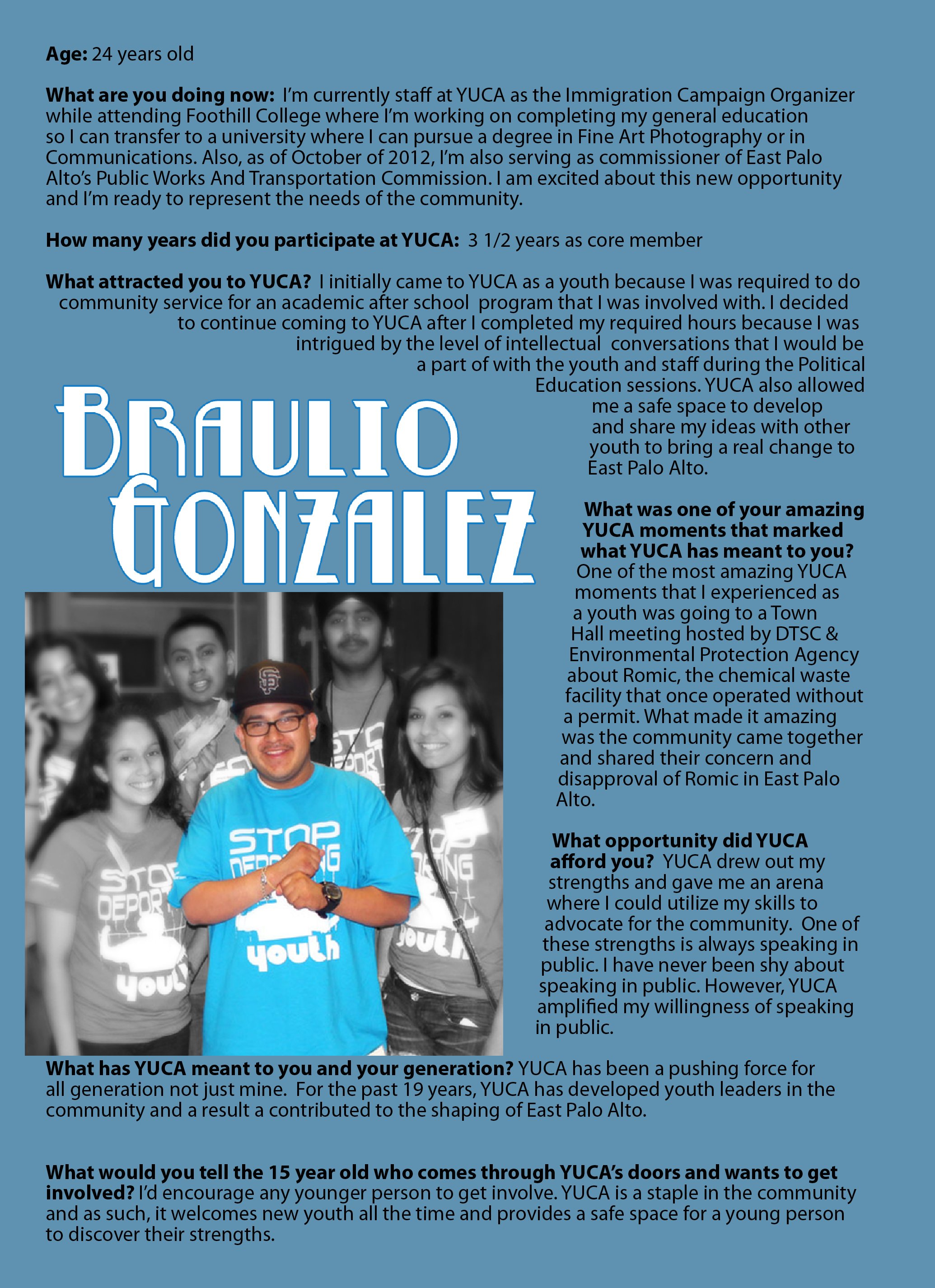 A Youth United Community Action (YUCA) informational flyer featuring a group photo of young people, with one person in the front wearing a blue t-shirt with white lettering that says 'Stop Dropping Youth,' and the background is in black and white. Th