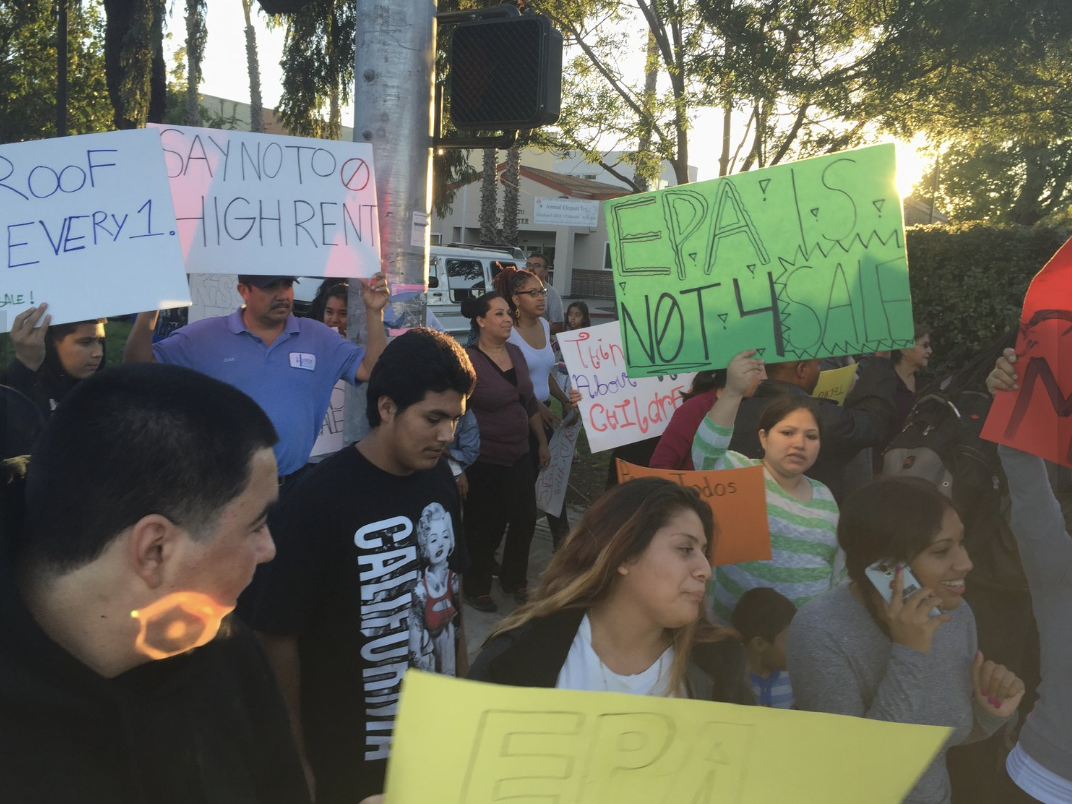 People participating in a protest or demonstration holding various colorful signs and banners, with some wearing casual clothing, standing outdoors near trees and buildings, during sunset.