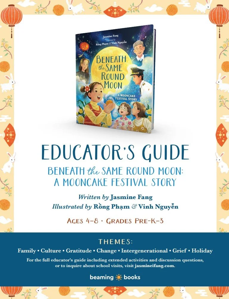 Cover of an educator's guide for a children's book titled 'Beneath the Same Round Moon: A Mooncake Festival Story' with illustrations of children, a teacher, and a moon, surrounded by a border of lanterns, rabbits, and mooncakes.