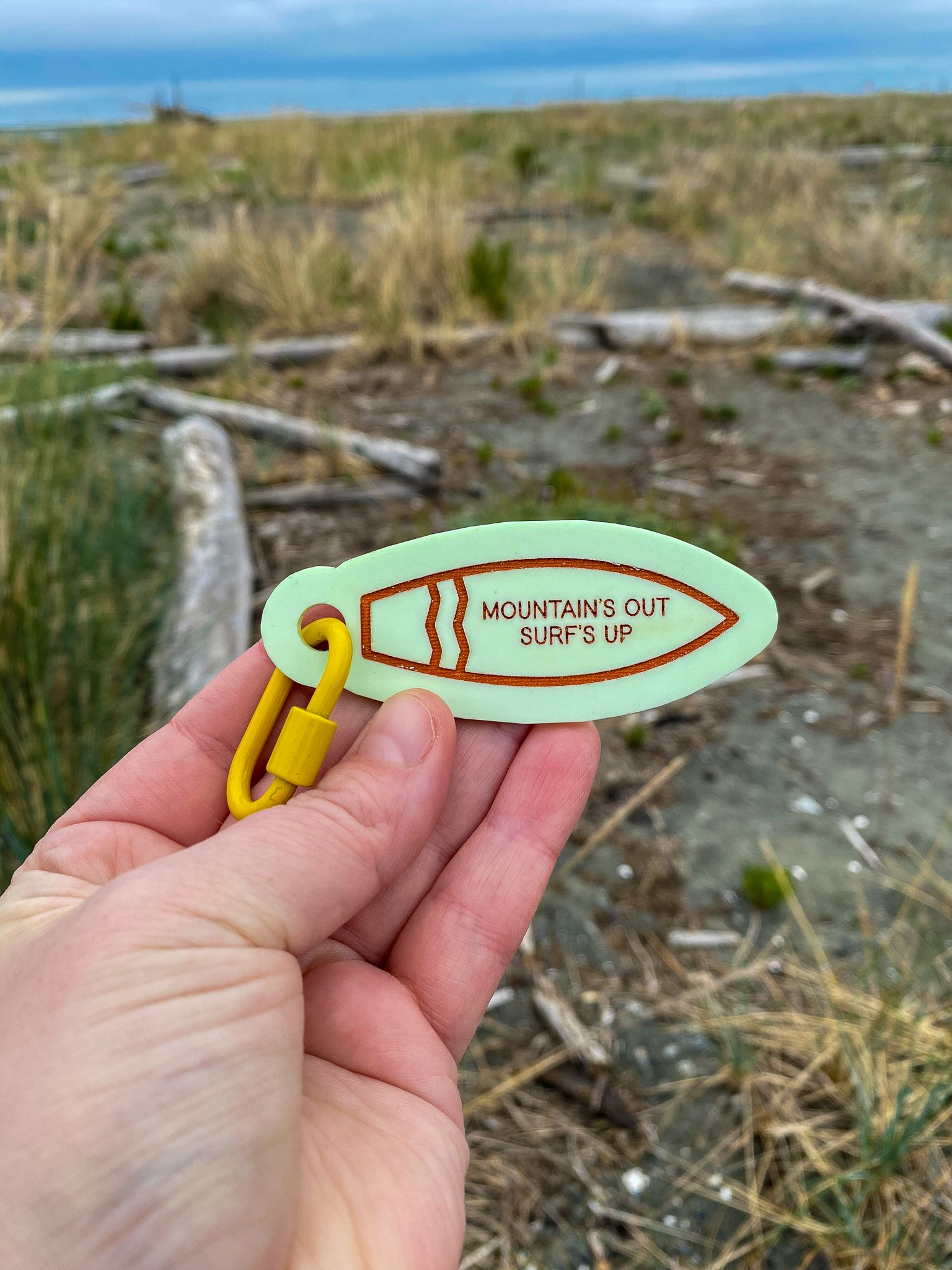 A hand holding a small surfboard-shaped sign with the text "MOUNTAIN'S OUT SURF'S UP" on a beach with sandy, grassy dunes and driftwood, with the ocean and sky in the background.