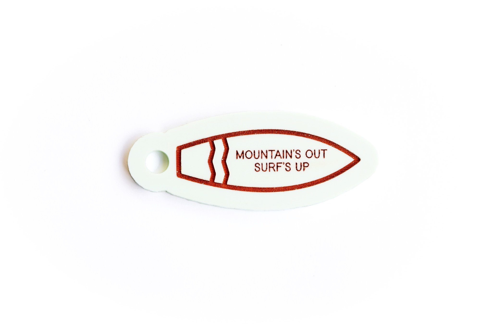 Mountain's Out, Surf's Up Surfboard Keychain - backside customizable