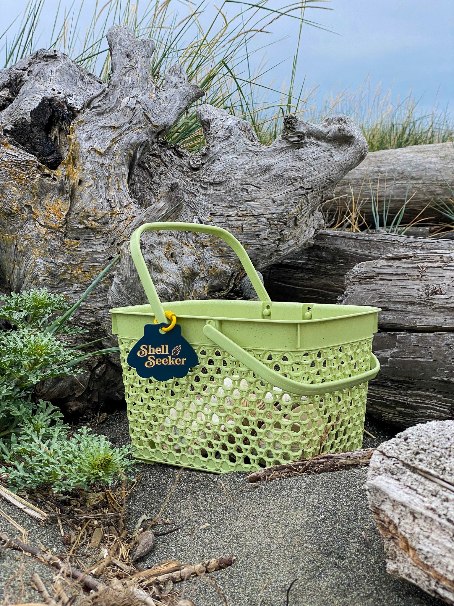 A light green plastic basket with a tag labeled