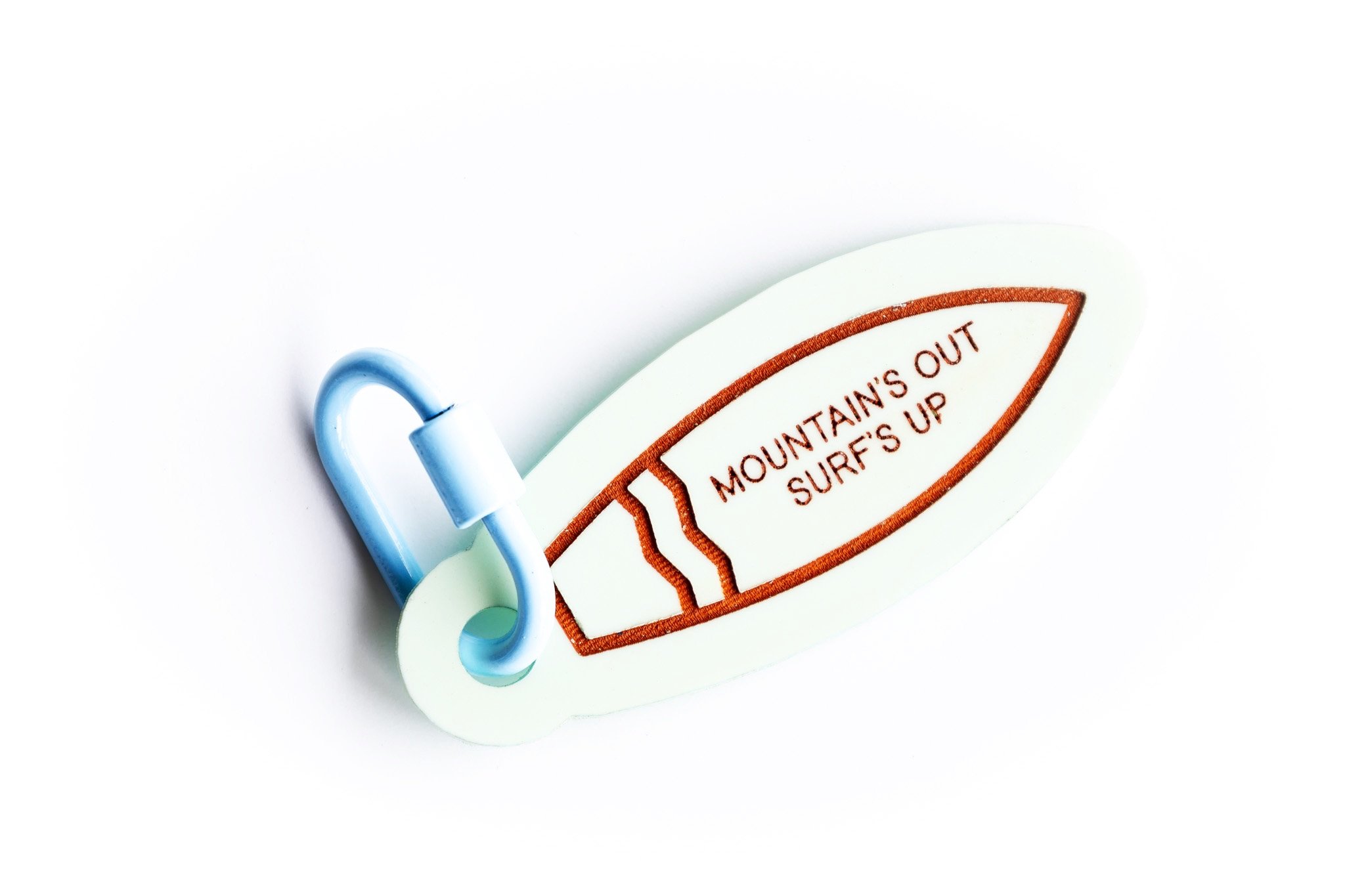 Acrylic Surfboard Keychain - Mountain's Out, Surf's Up - Customizable