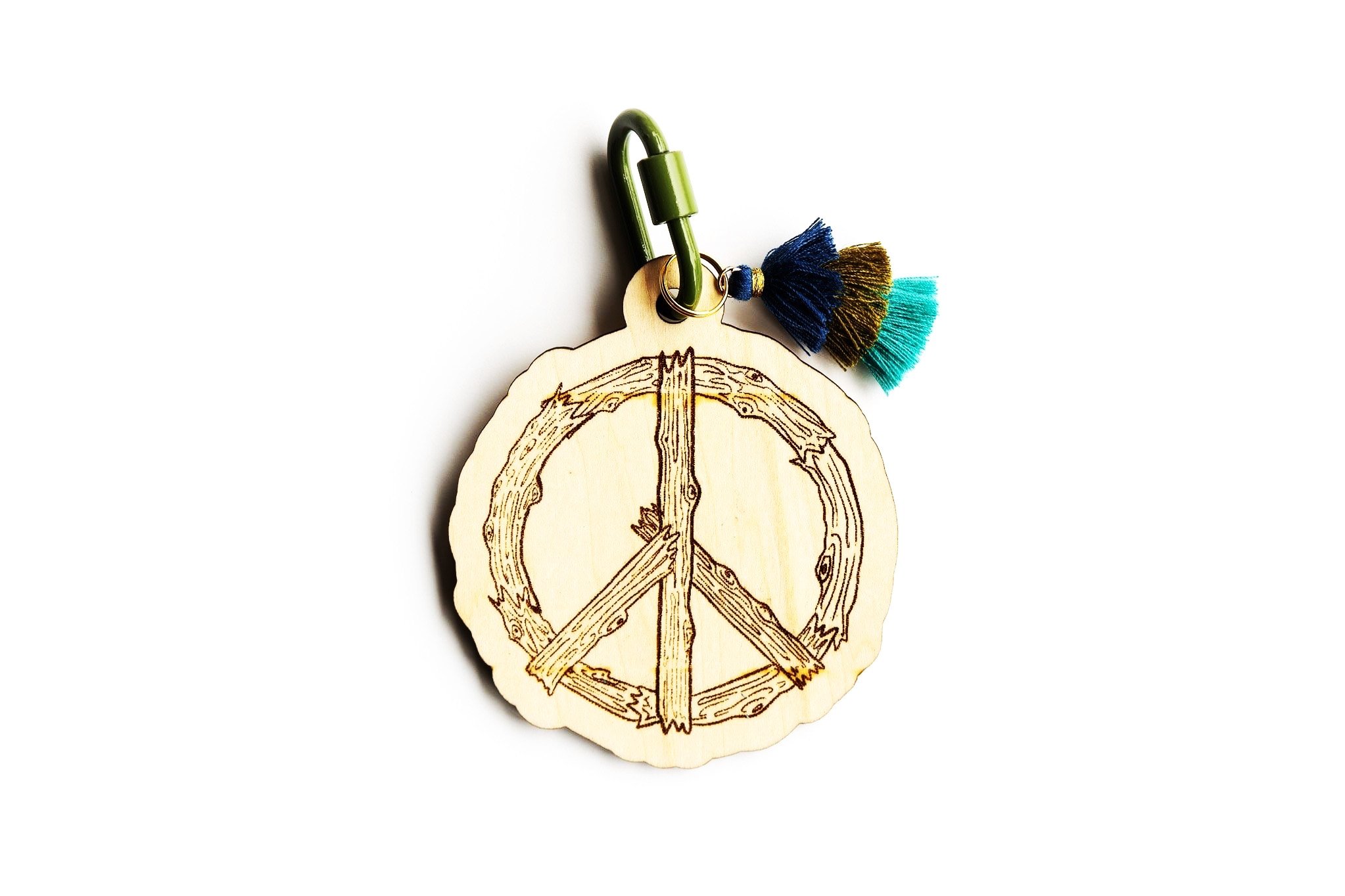 Natural Wood Peace Sign Bag Charm with Tassel