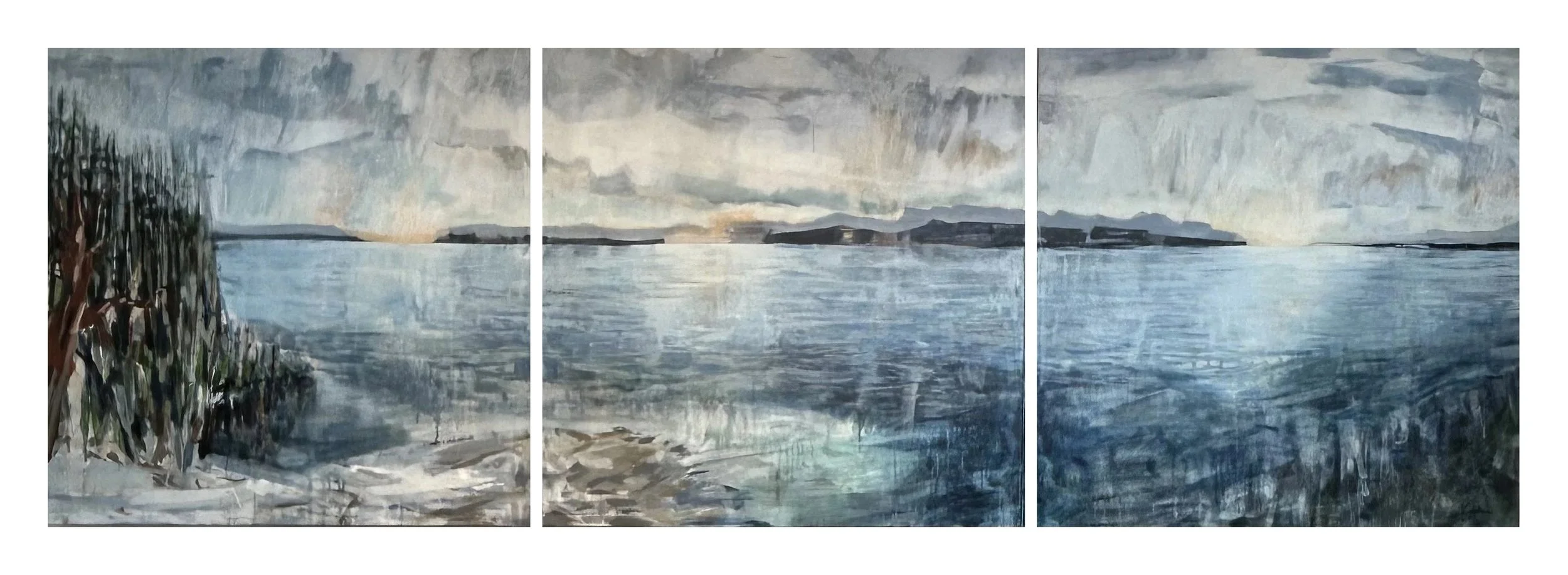 SOLD 
 All That Water Between Us , 2025 
Acrylic and coloured pencil on canvas 
 36 x 36 x 1.5 inches x3 (triptych)