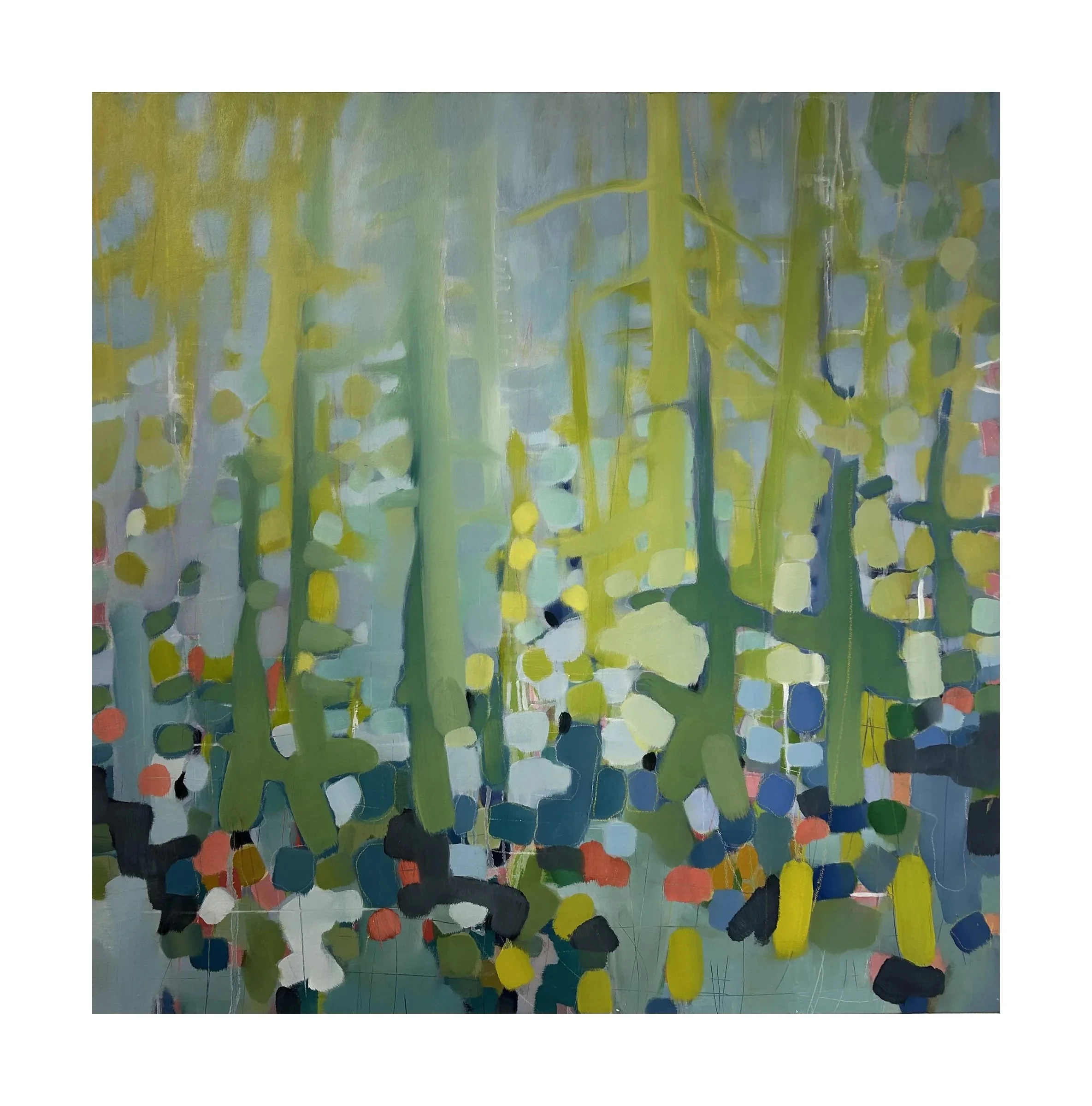 SOLD 
 The Trees are Gossiping Again , 2023 
Oil and mixed media on canvas 
 30 x 30 x 1.5 inches