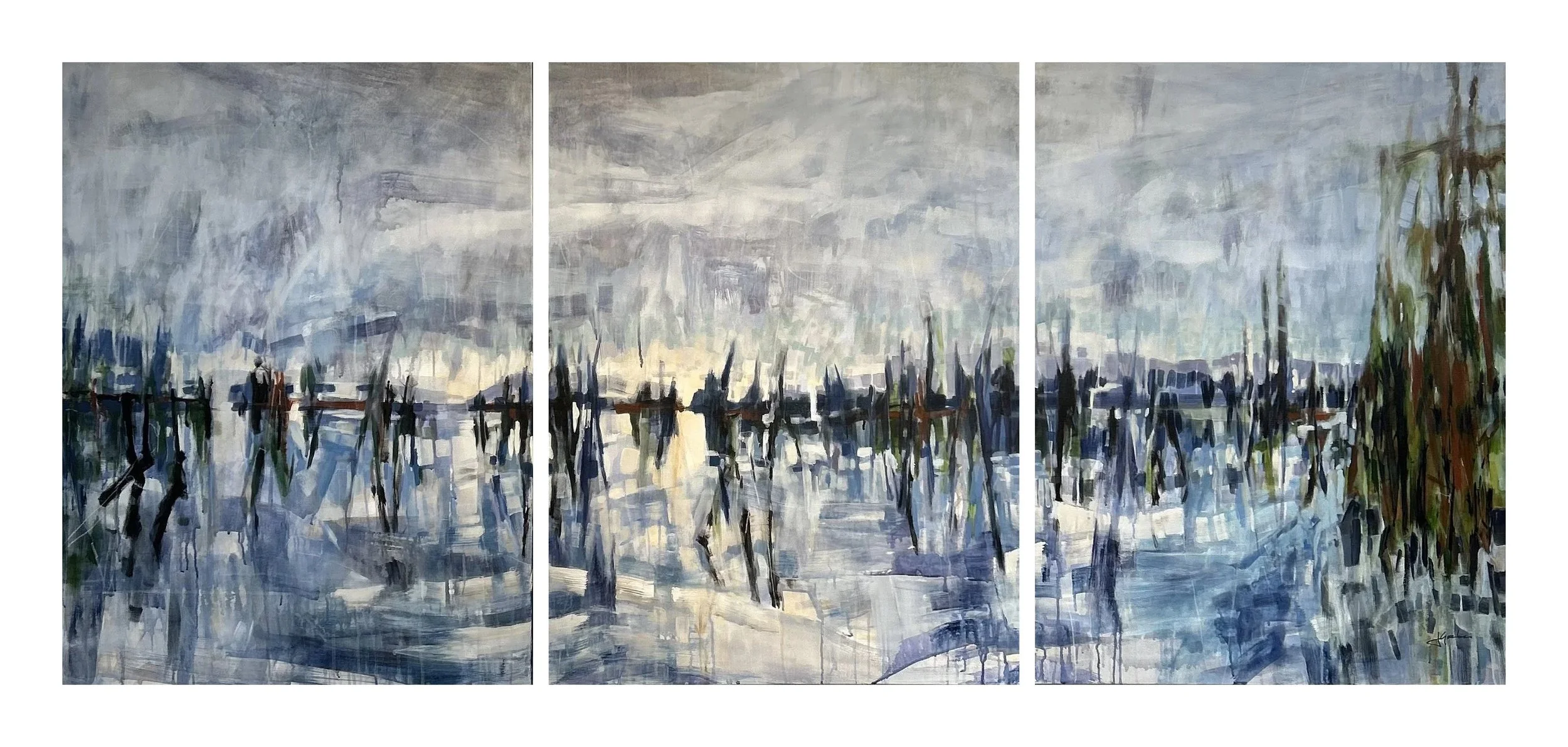 SOLD 
 Between Here and There , 2025 
Acrylic and coloured pencil on canvas 
 40 x 30 x 1.5 inches x3 (triptych)