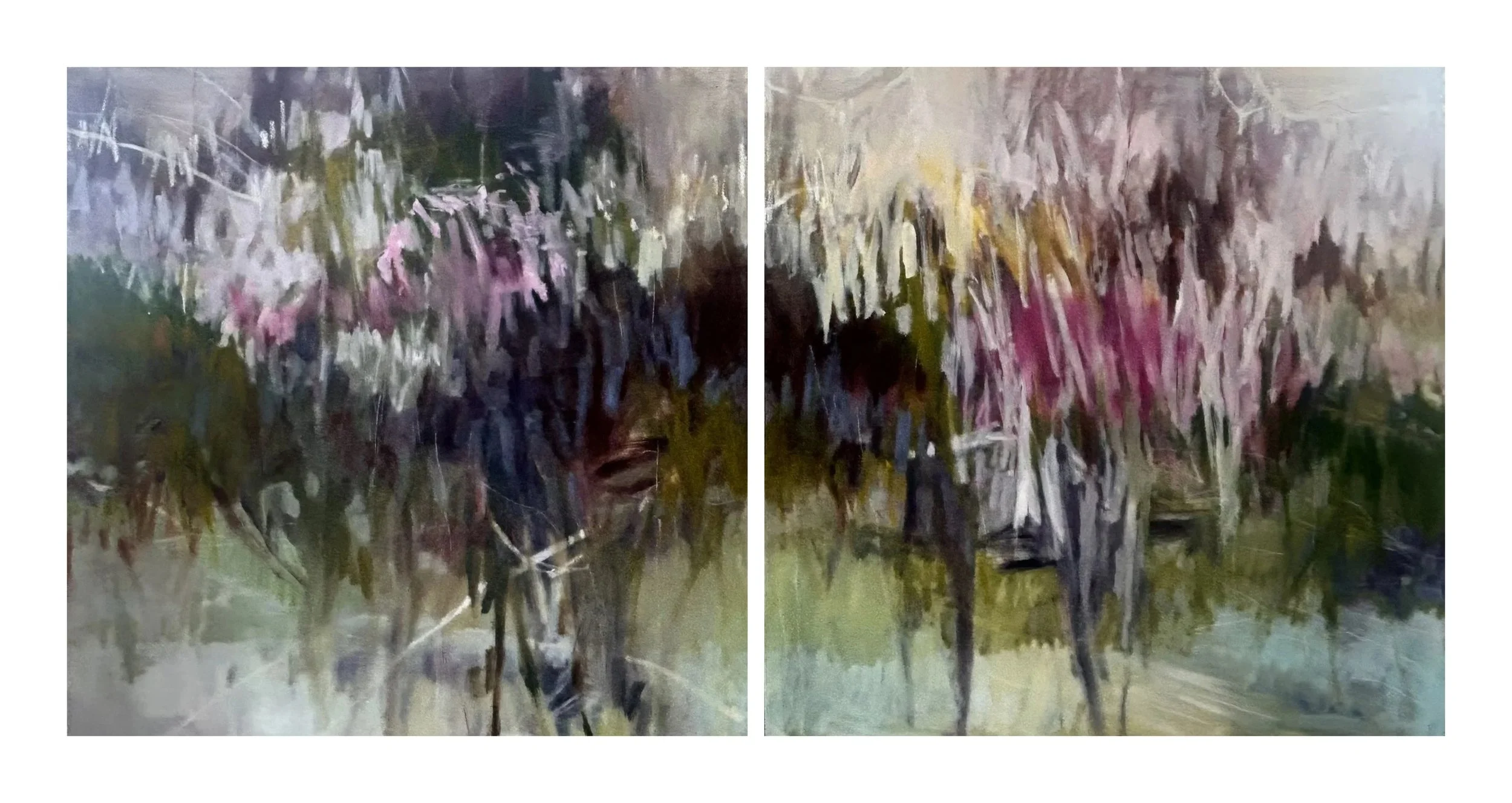 SOLD 
 Uncontained , 2026 
Oil and mixed media on canvas 
36 x 36 x 1.5 inches x2 (diptych)