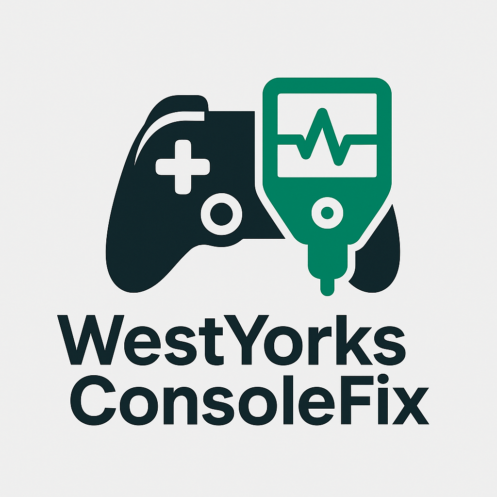 Logo for WestYorks ConsoleFix featuring a game controller and a medical infusion pump with the company name below