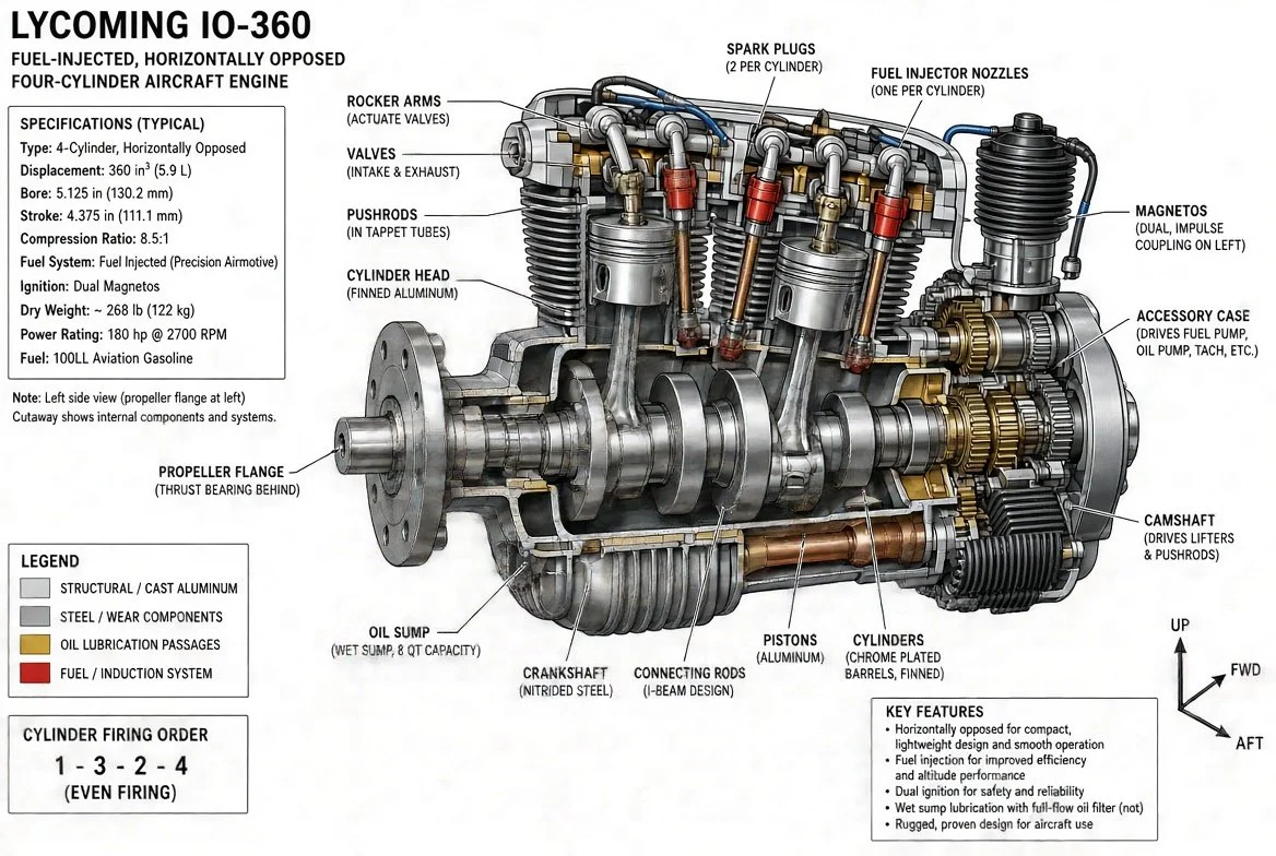 Diagram of a Lycoming IO-360 four-cylinder aircraft engine with labels for internal components, specifications, and key features listed in the bottom right corner.