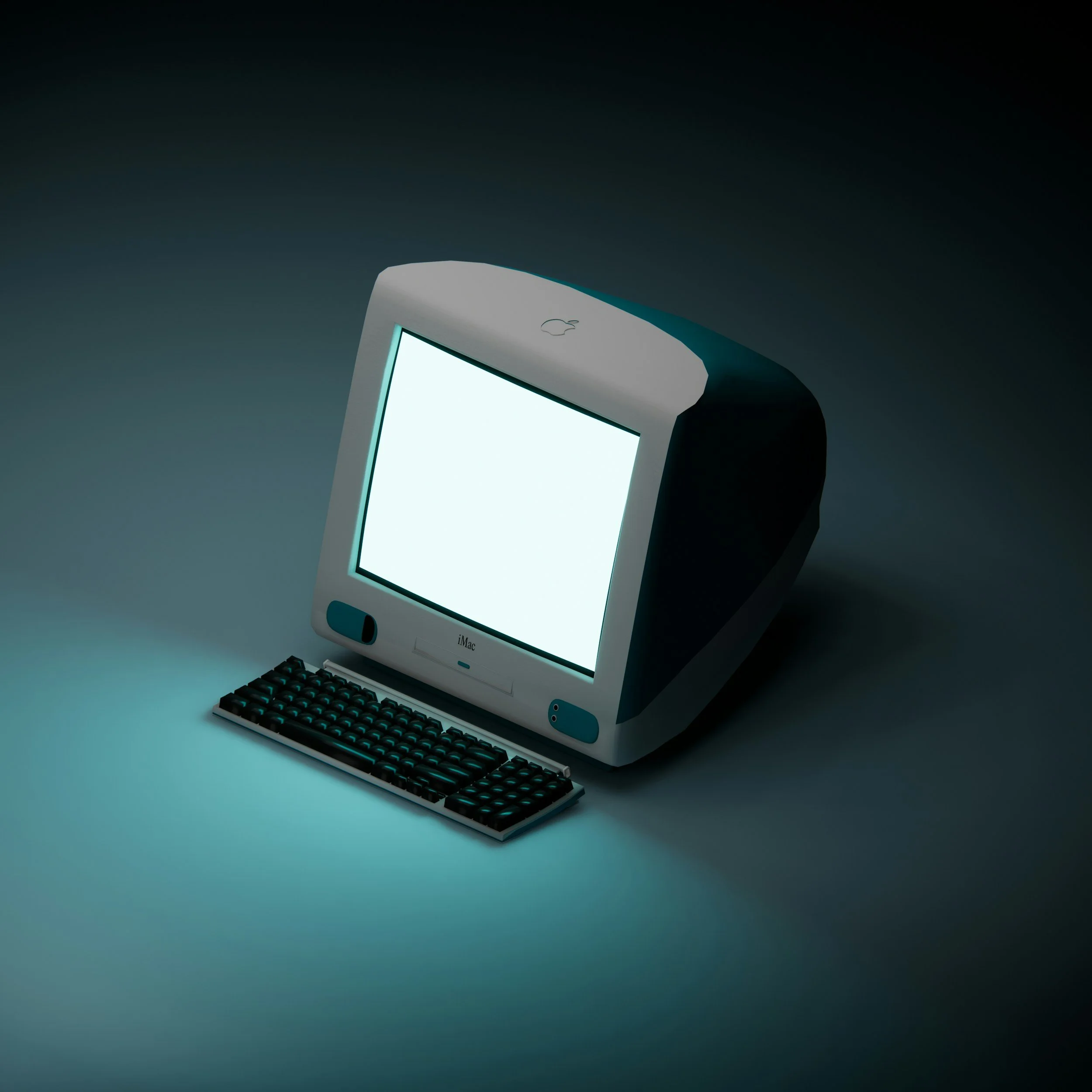 Vintage Apple iMac computer with a black keyboard on a dark background.
