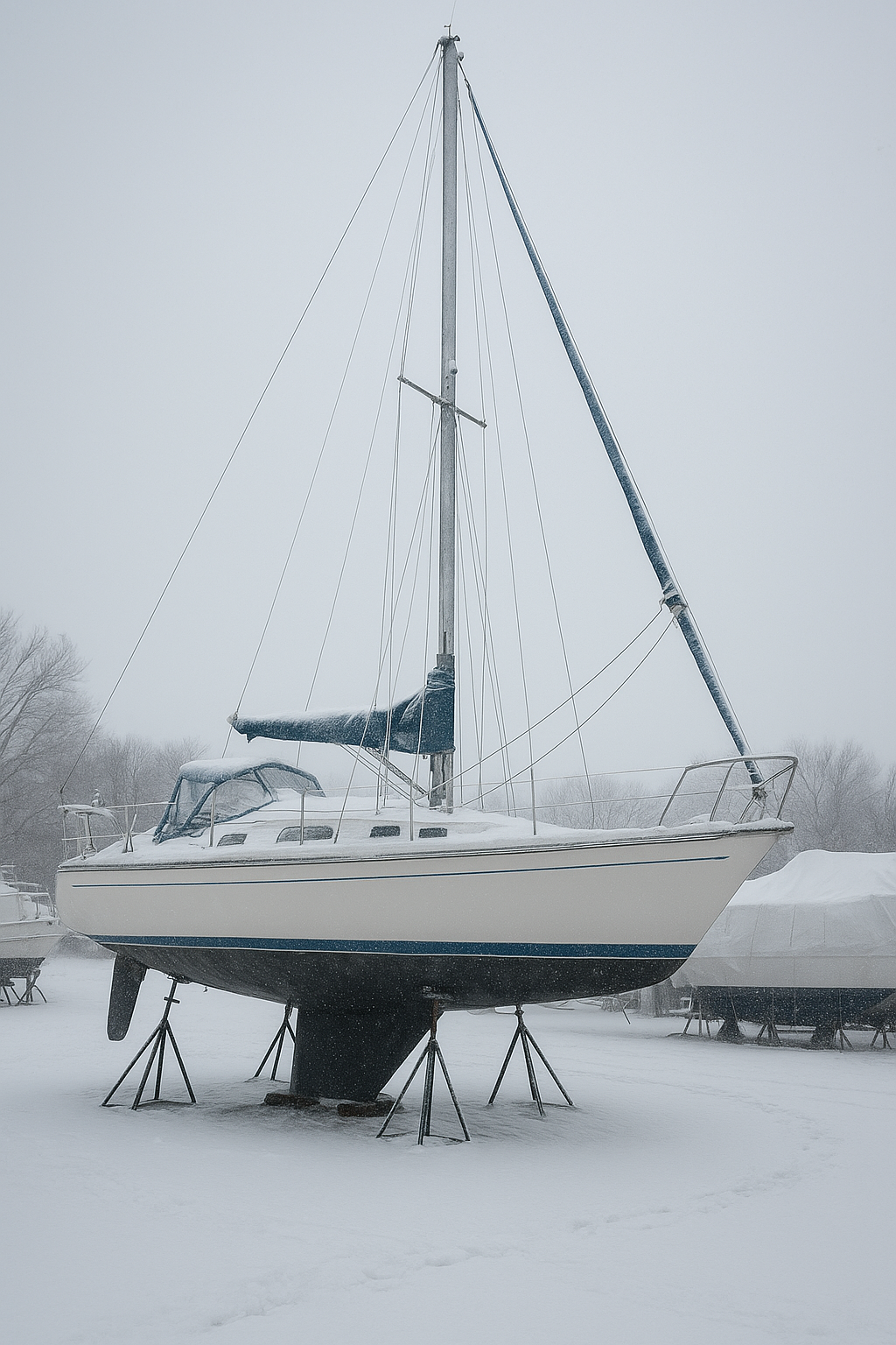 A sailboat covered in snow on a boat stand in a snowy, overcast landscape.