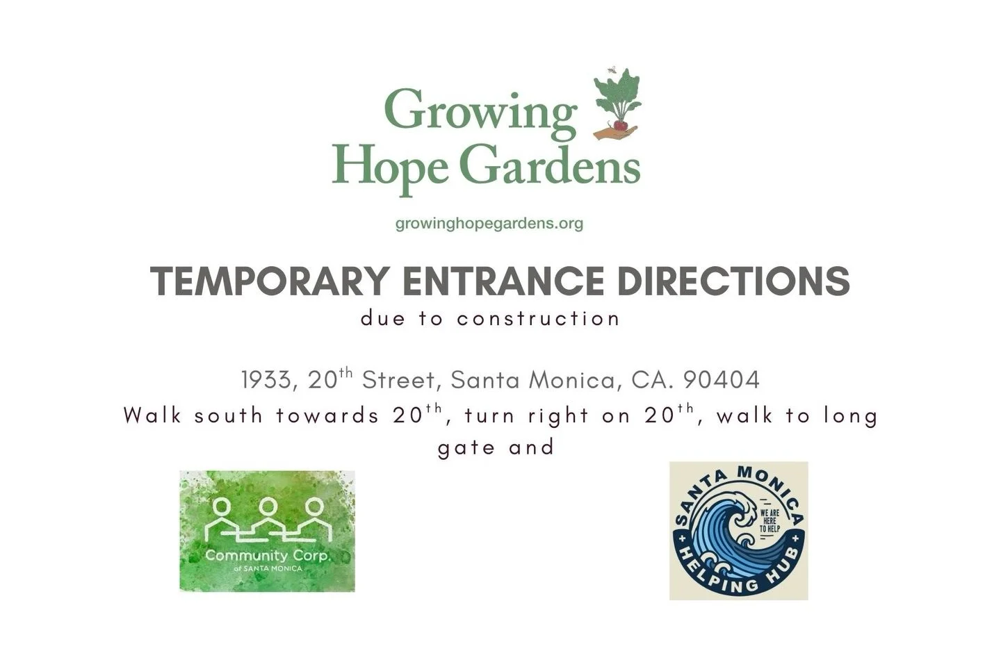 NEW Temporary Farm entrance: while construction is ongoing please use the entrance at
1933 20th street
Santa Monica ca. 90404

Our farm docent will meet you there and walk you to and from the farm.

Thank you for your patience