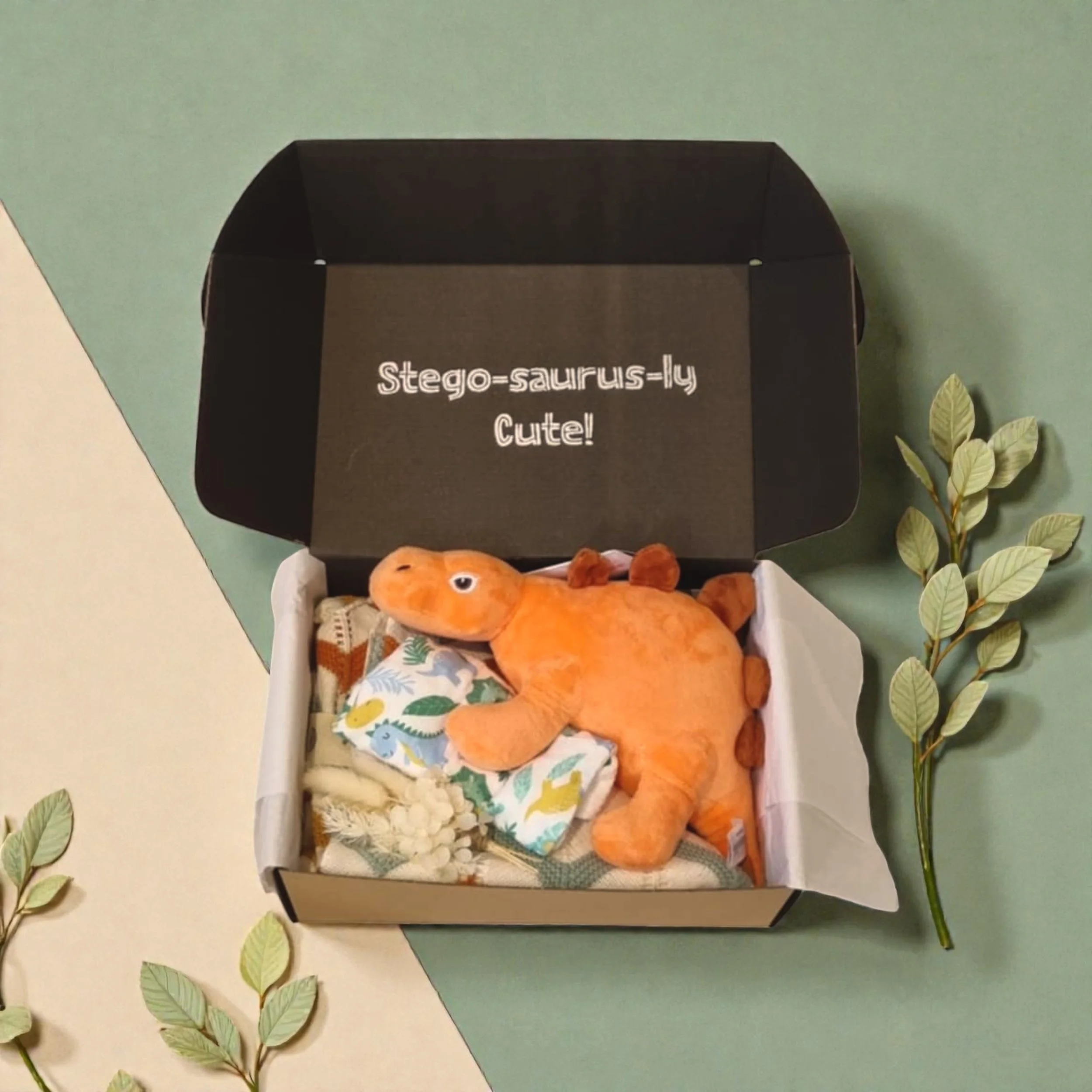 Stegosaurusly cute - dino, zigzag blanket, dino bib.jpg