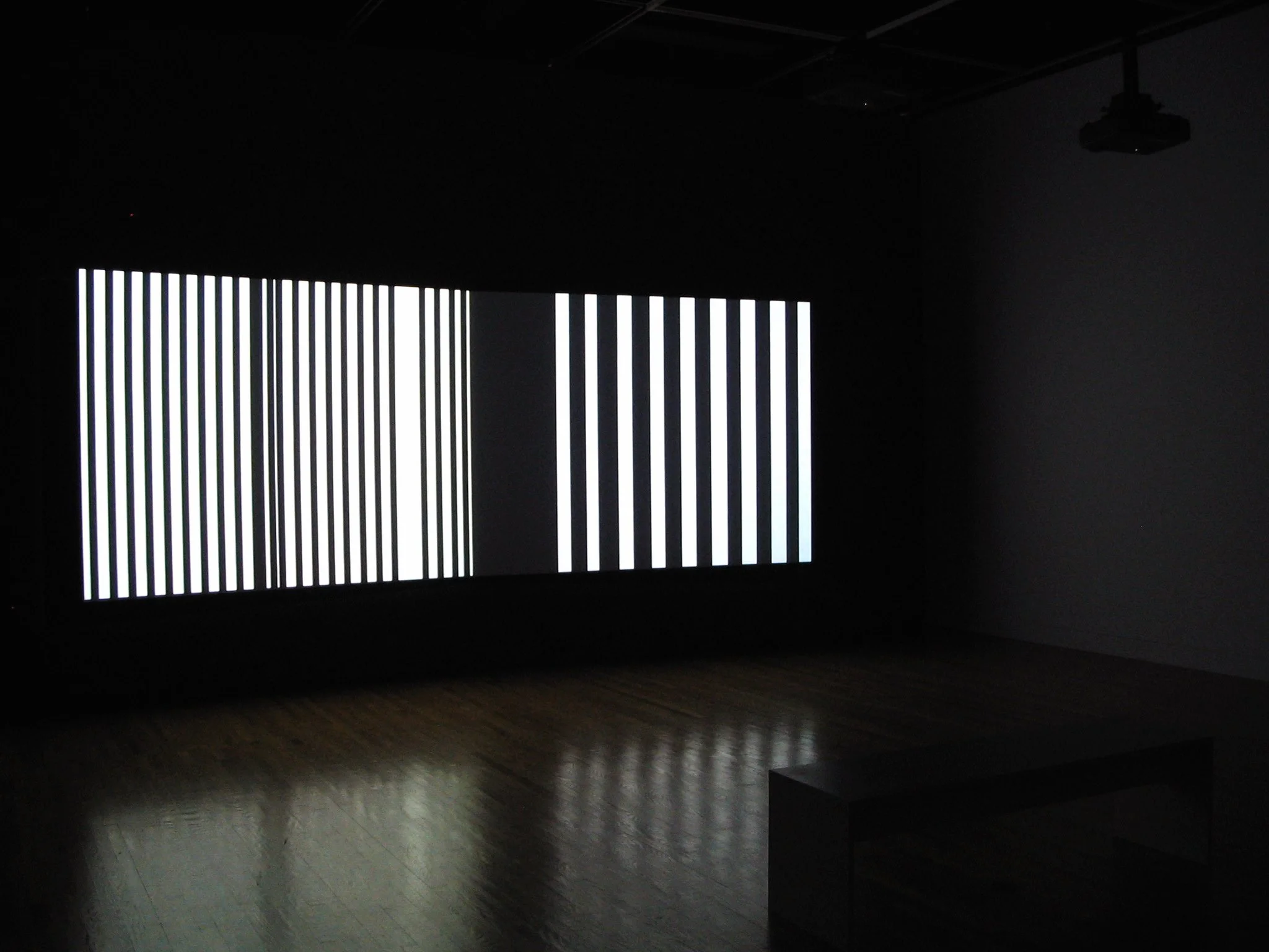 Installation view of a two-channel video animation with custom screens.