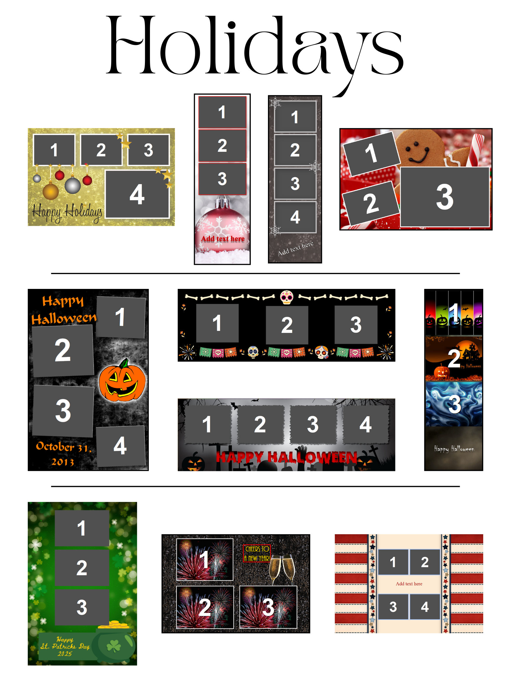 A collage of holiday-themed photo templates and graphics, decorated with festive symbols like ornaments, pumpkins, fireworks, and St. Patrick's Day shamrocks, with space for text on each template.