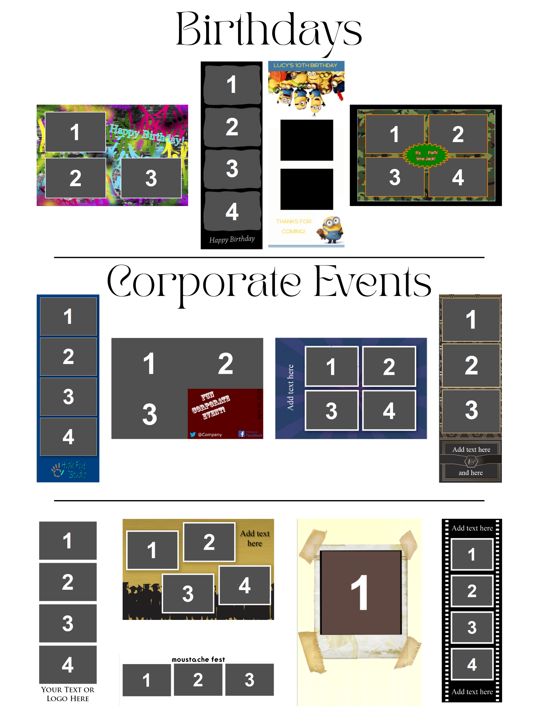 A collection of customizable templates for birthdays and corporate events, featuring colorful and themed photo frames, text areas, and graphic elements.